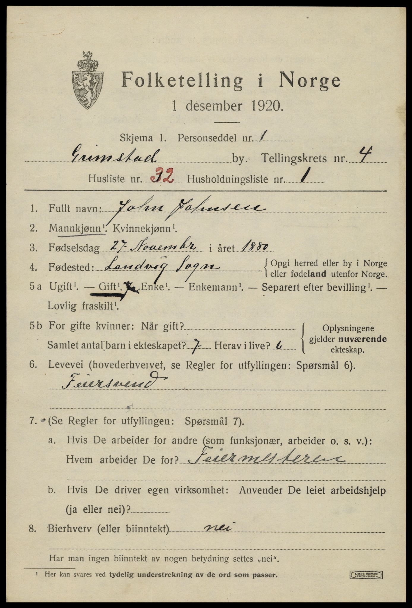 SAK, 1920 census for Grimstad, 1920, p. 5837