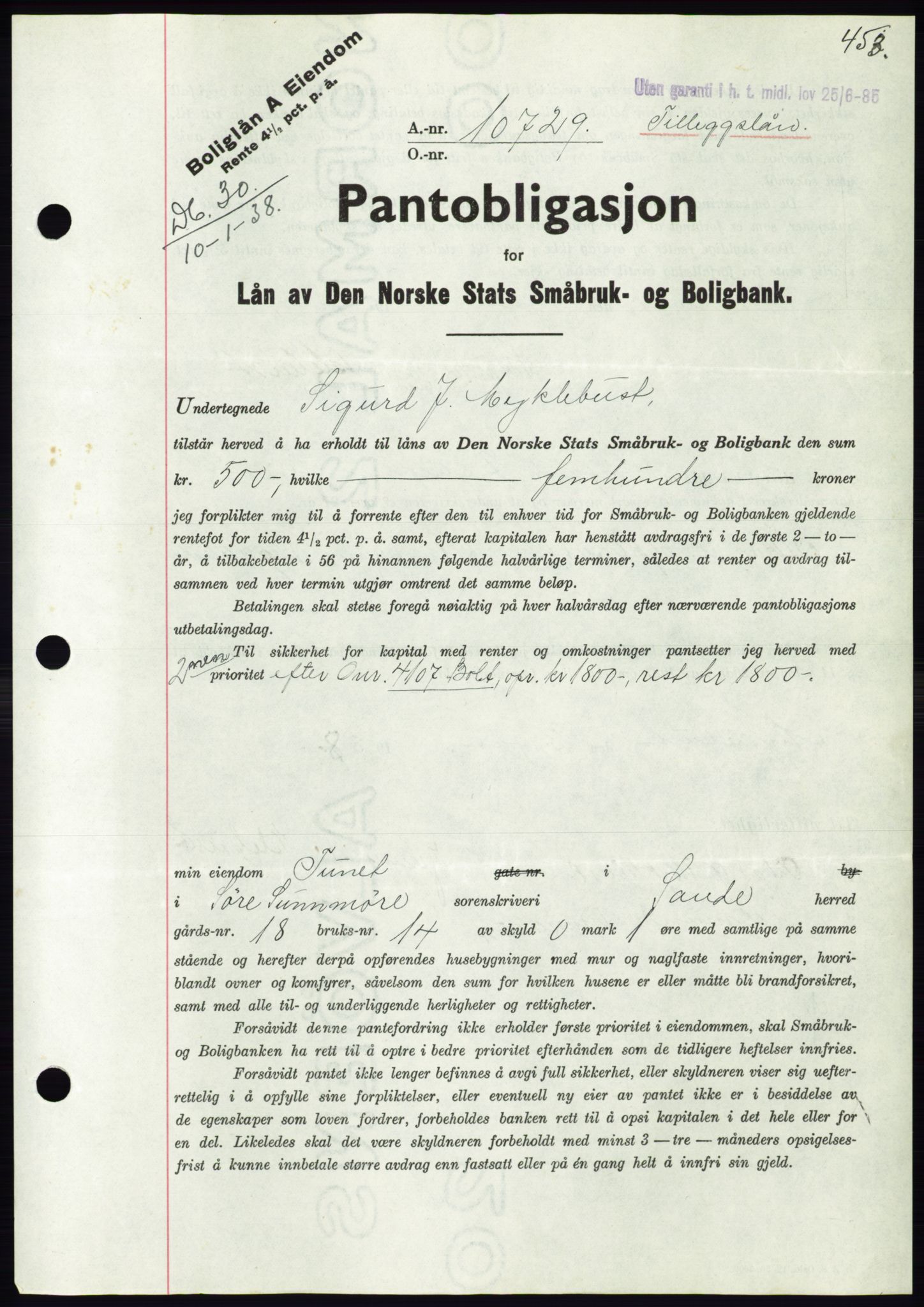 Søre Sunnmøre sorenskriveri, AV/SAT-A-4122/1/2/2C/L0064: Mortgage book no. 58, 1937-1938, Diary no: : 30/1938