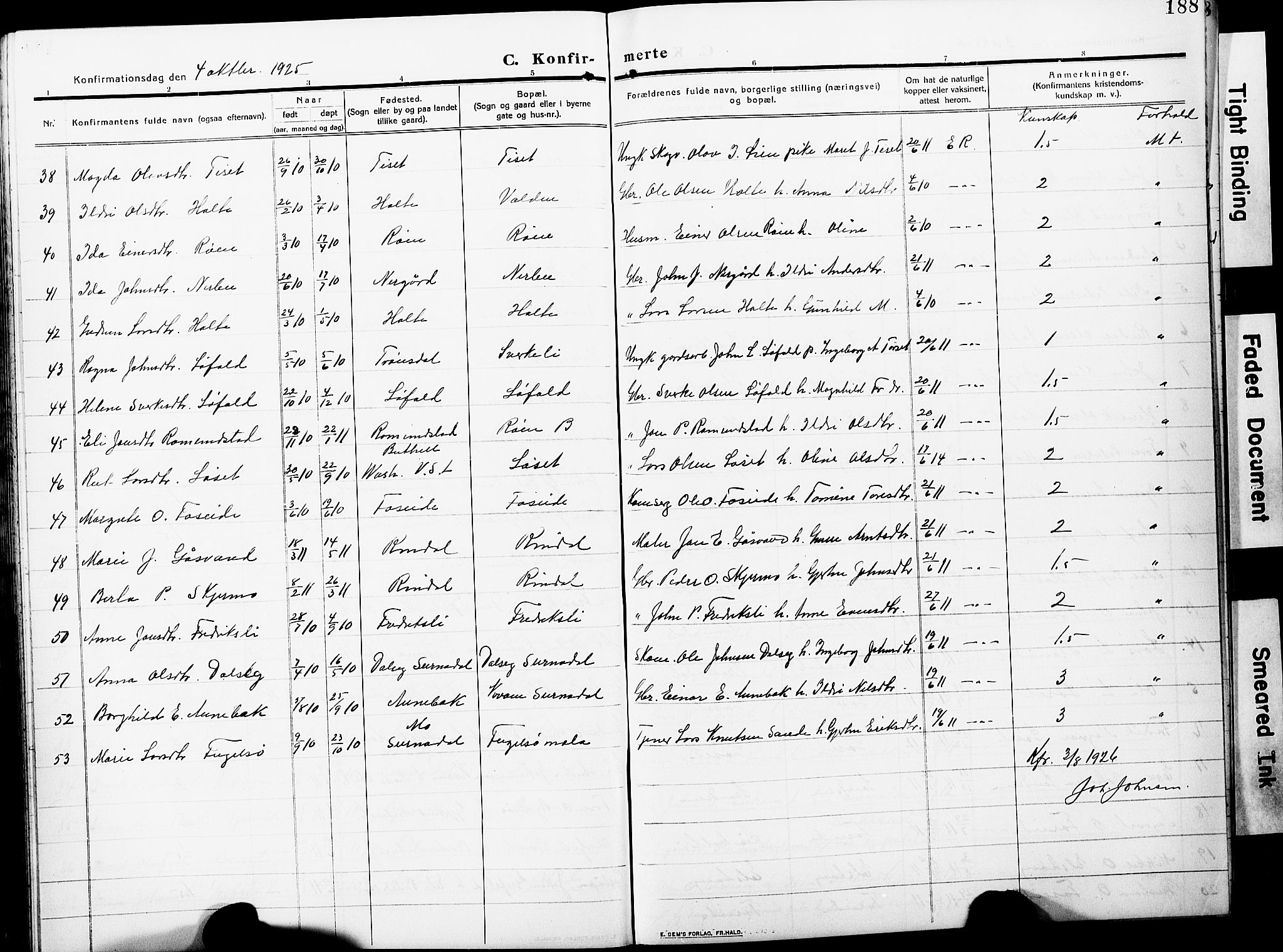 Ministerialprotokoller, klokkerbøker og fødselsregistre - Møre og Romsdal, AV/SAT-A-1454/598/L1079: Parish register (copy) no. 598C04, 1909-1927, p. 188