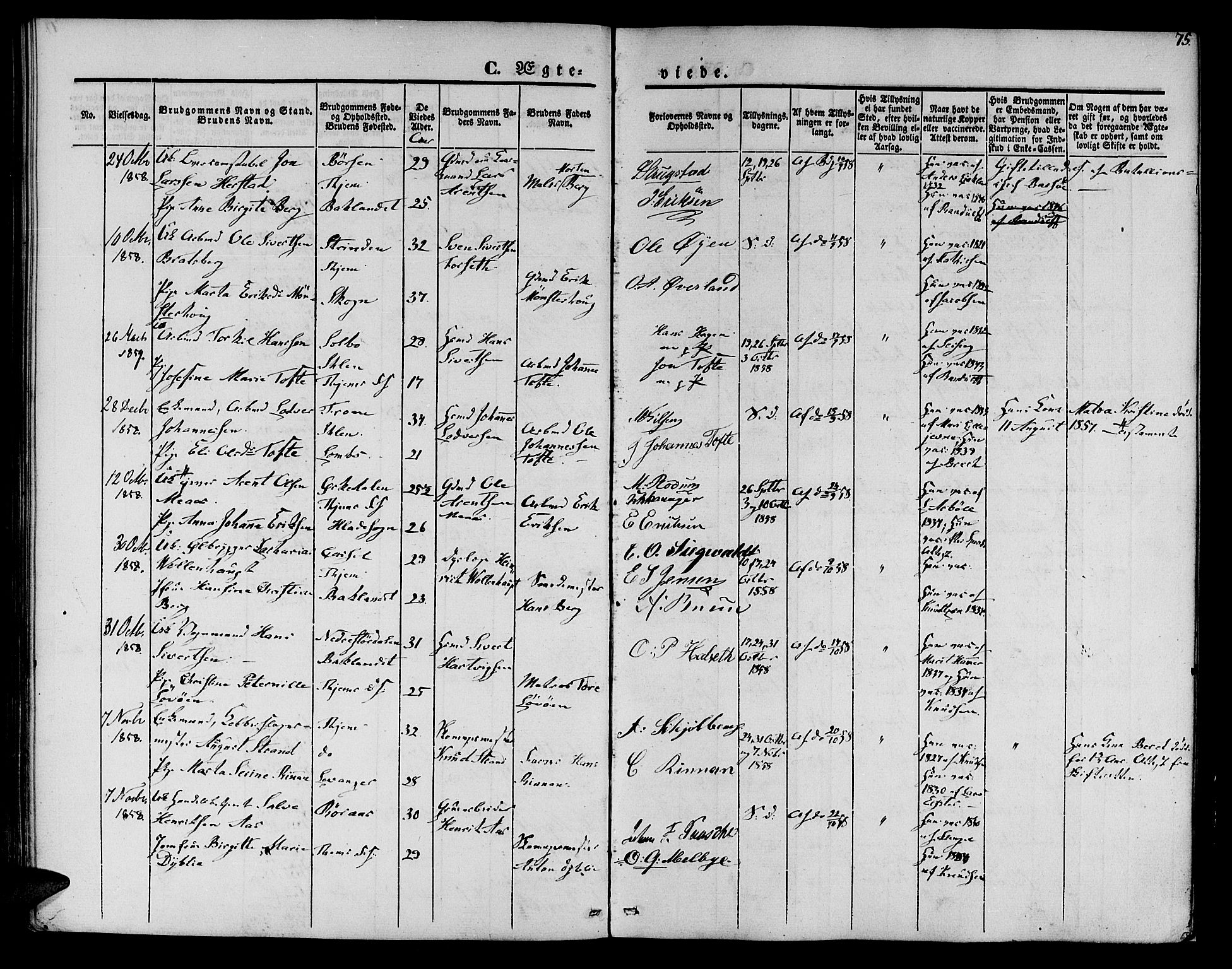 Ministerialprotokoller, klokkerbøker og fødselsregistre - Sør-Trøndelag, AV/SAT-A-1456/602/L0111: Parish register (official) no. 602A09, 1844-1867, p. 75