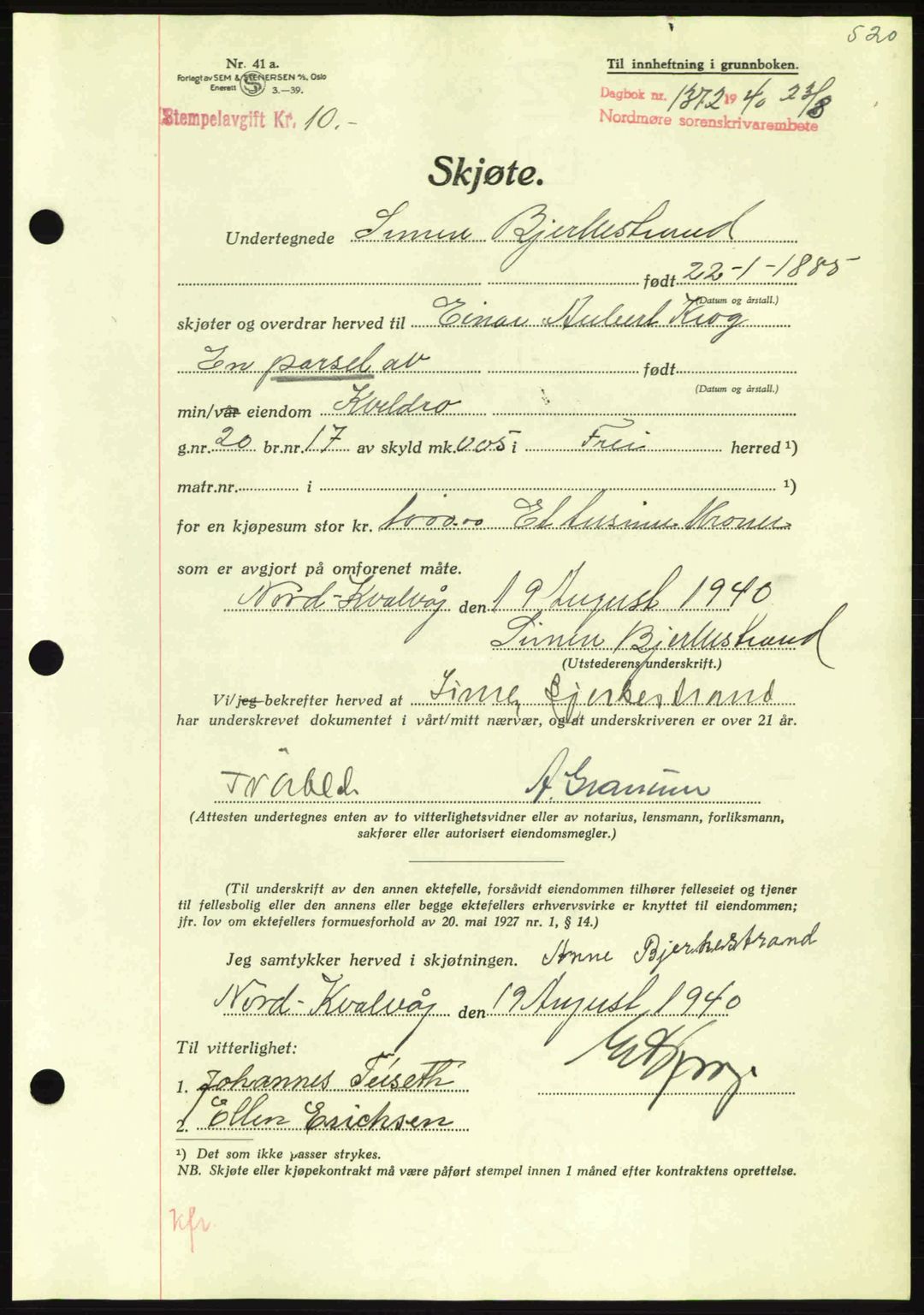 Nordmøre sorenskriveri, AV/SAT-A-4132/1/2/2Ca: Mortgage book no. A88, 1940-1940, Diary no: : 1372/1940