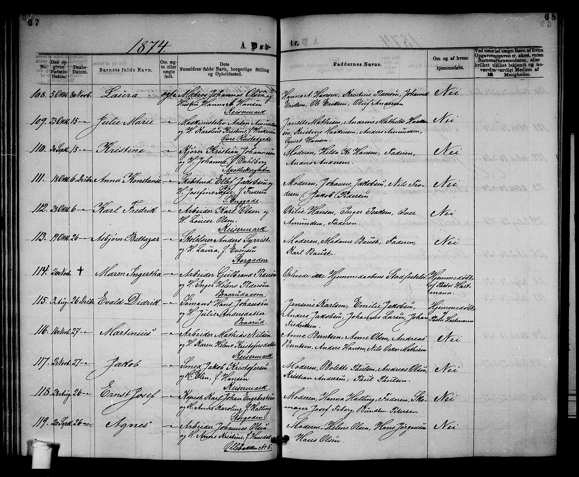Horten kirkebøker, AV/SAKO-A-348/G/Ga/L0003: Parish register (copy) no. 3, 1872-1877, p. 67-68