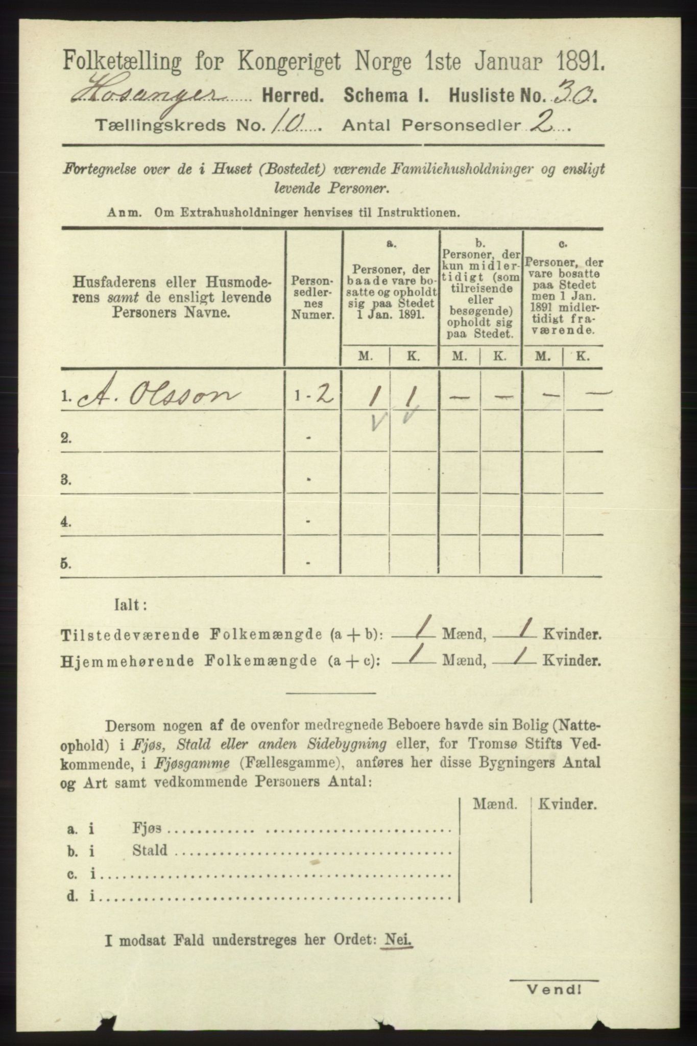 RA, 1891 census for 1253 Hosanger, 1891, p. 3455