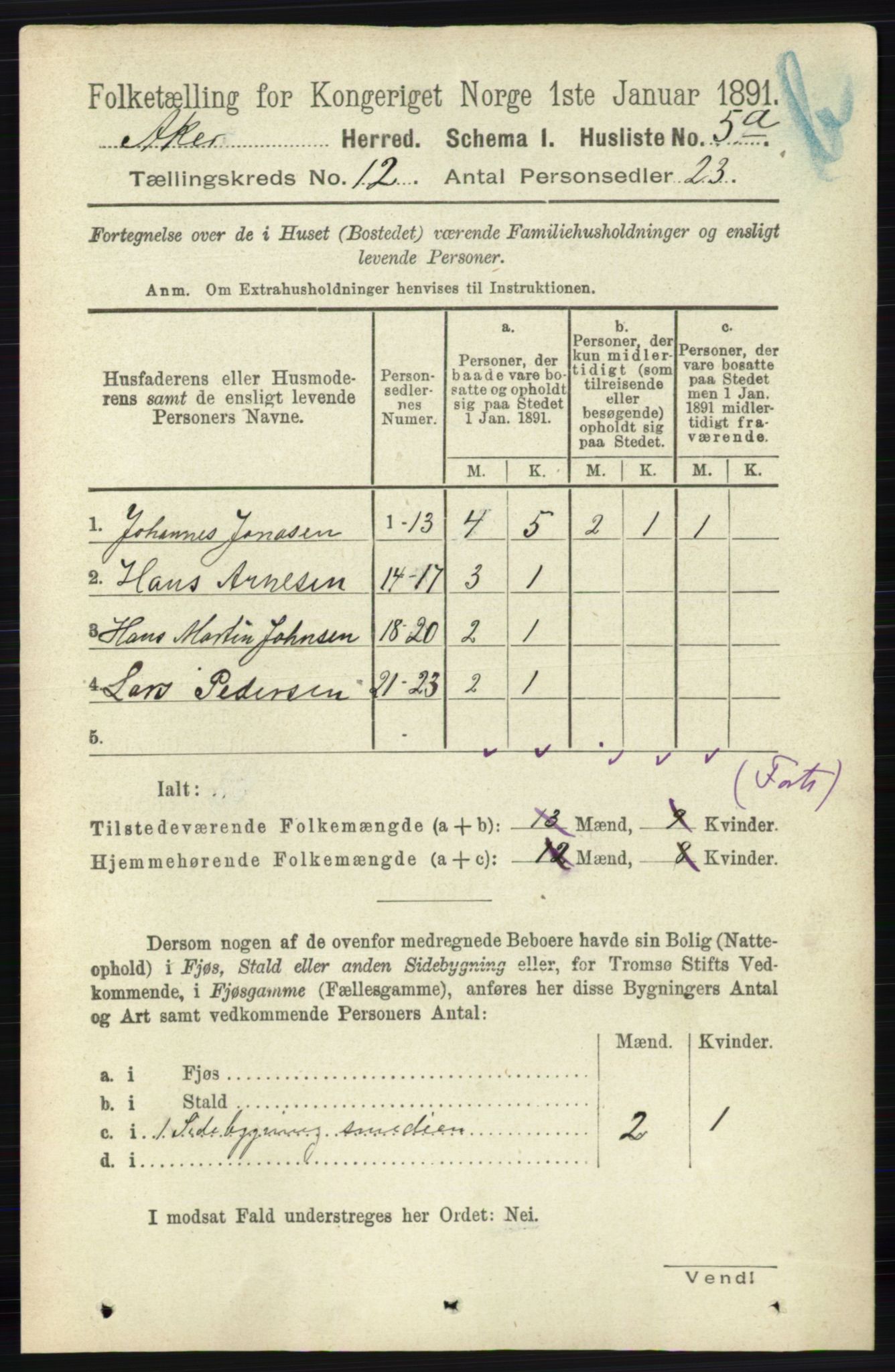 RA, 1891 census for 0218 Aker, 1891, p. 11339