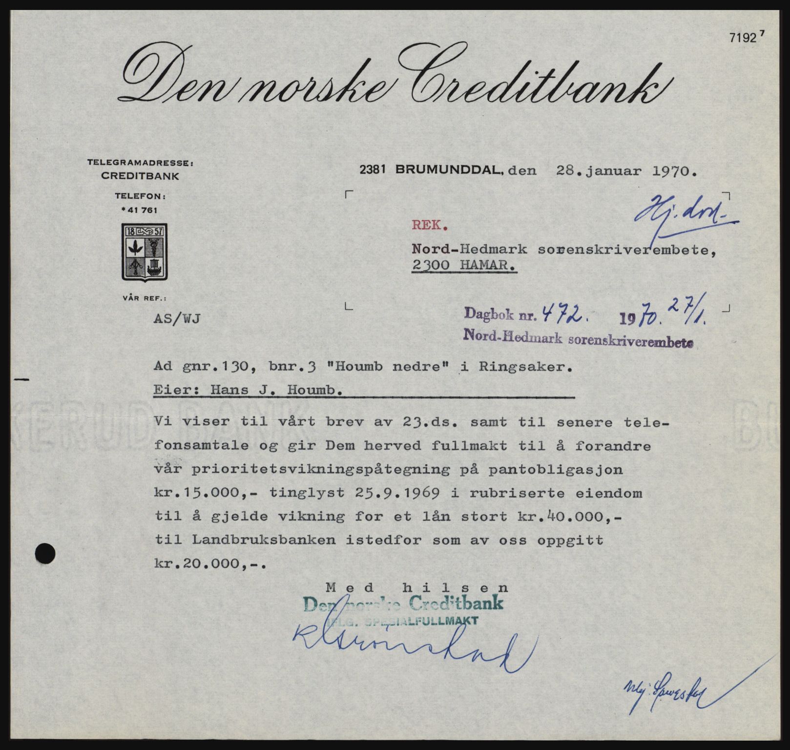 Nord-Hedmark sorenskriveri, SAH/TING-012/H/Hc/L0033: Mortgage book no. 33, 1970-1970, Diary no: : 472/1970