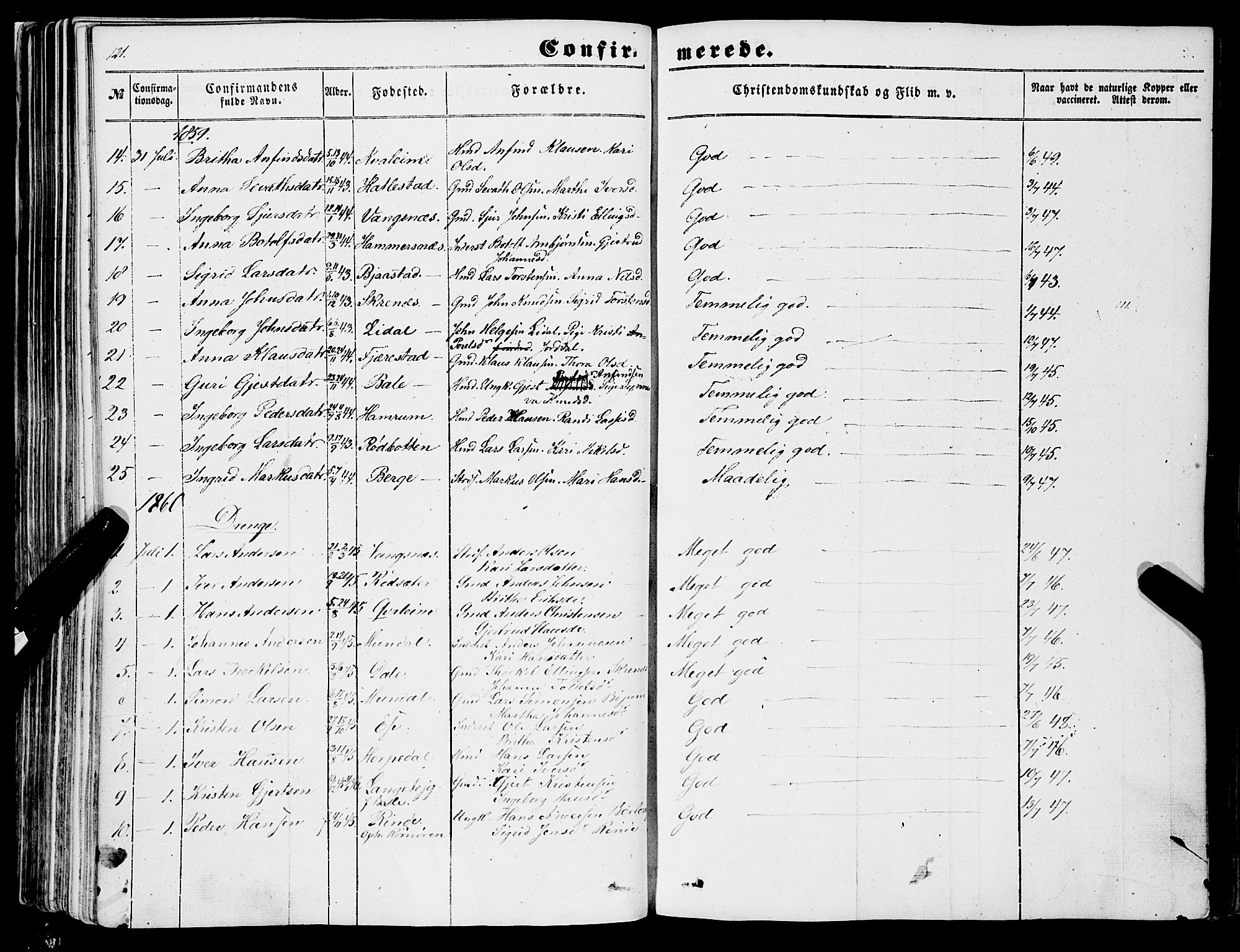 Balestrand sokneprestembete, AV/SAB-A-79601/H/Haa/Haaa/L0002: Parish register (official) no. A 2, 1847-1866, p. 121