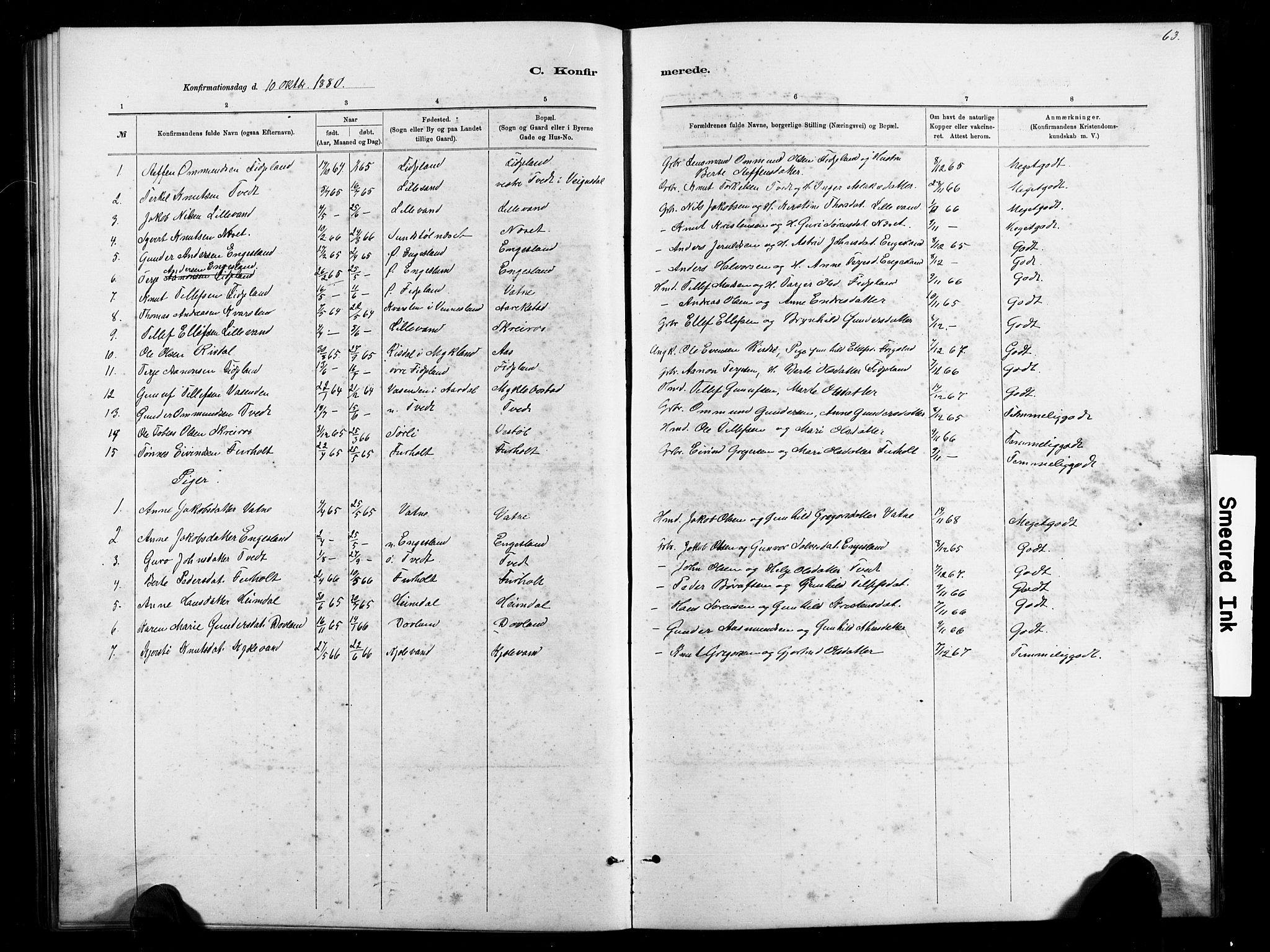 Herefoss sokneprestkontor, SAK/1111-0019/F/Fb/Fbb/L0002: Parish register (copy) no. B 2, 1879-1894, p. 63