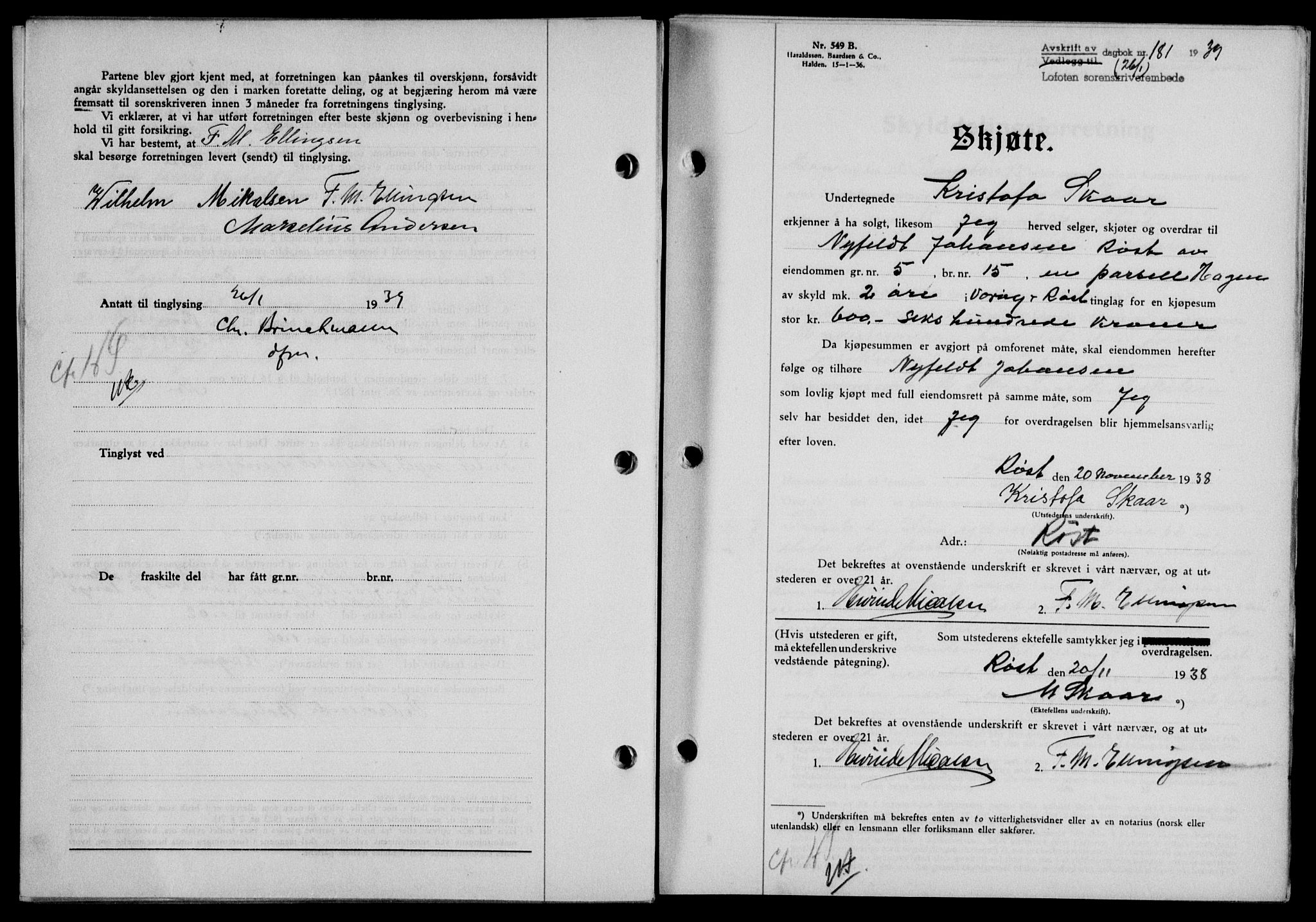 Lofoten sorenskriveri, SAT/A-0017/1/2/2C/L0005a: Mortgage book no. 5a, 1939-1939, Diary no: : 181/1939