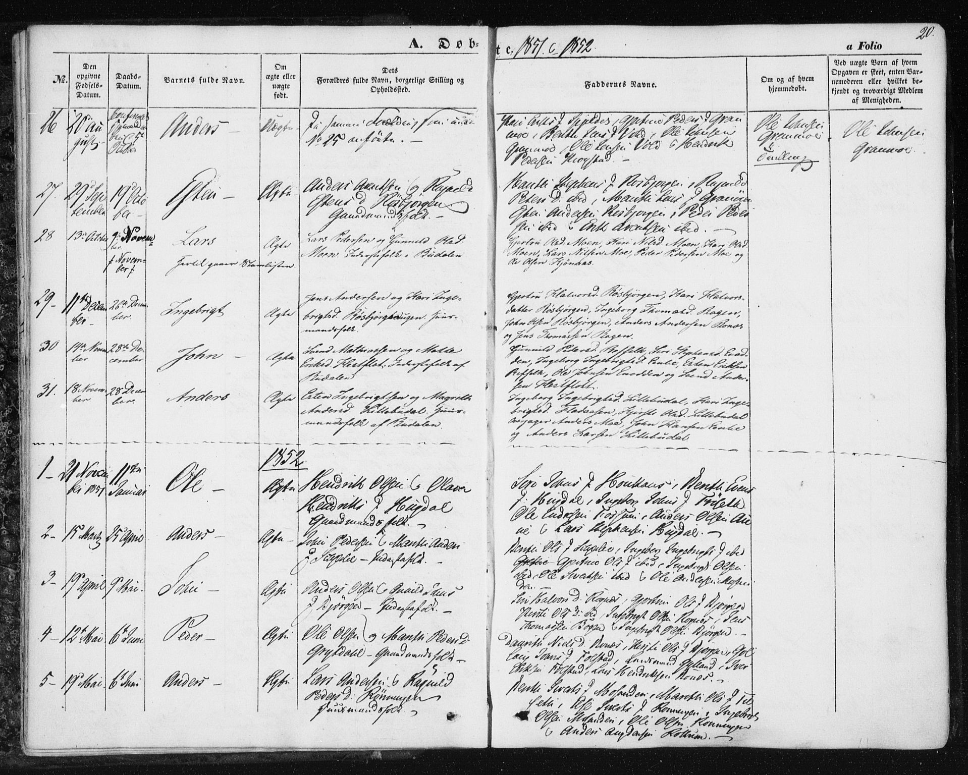 Ministerialprotokoller, klokkerbøker og fødselsregistre - Sør-Trøndelag, SAT/A-1456/687/L1000: Parish register (official) no. 687A06, 1848-1869, p. 20