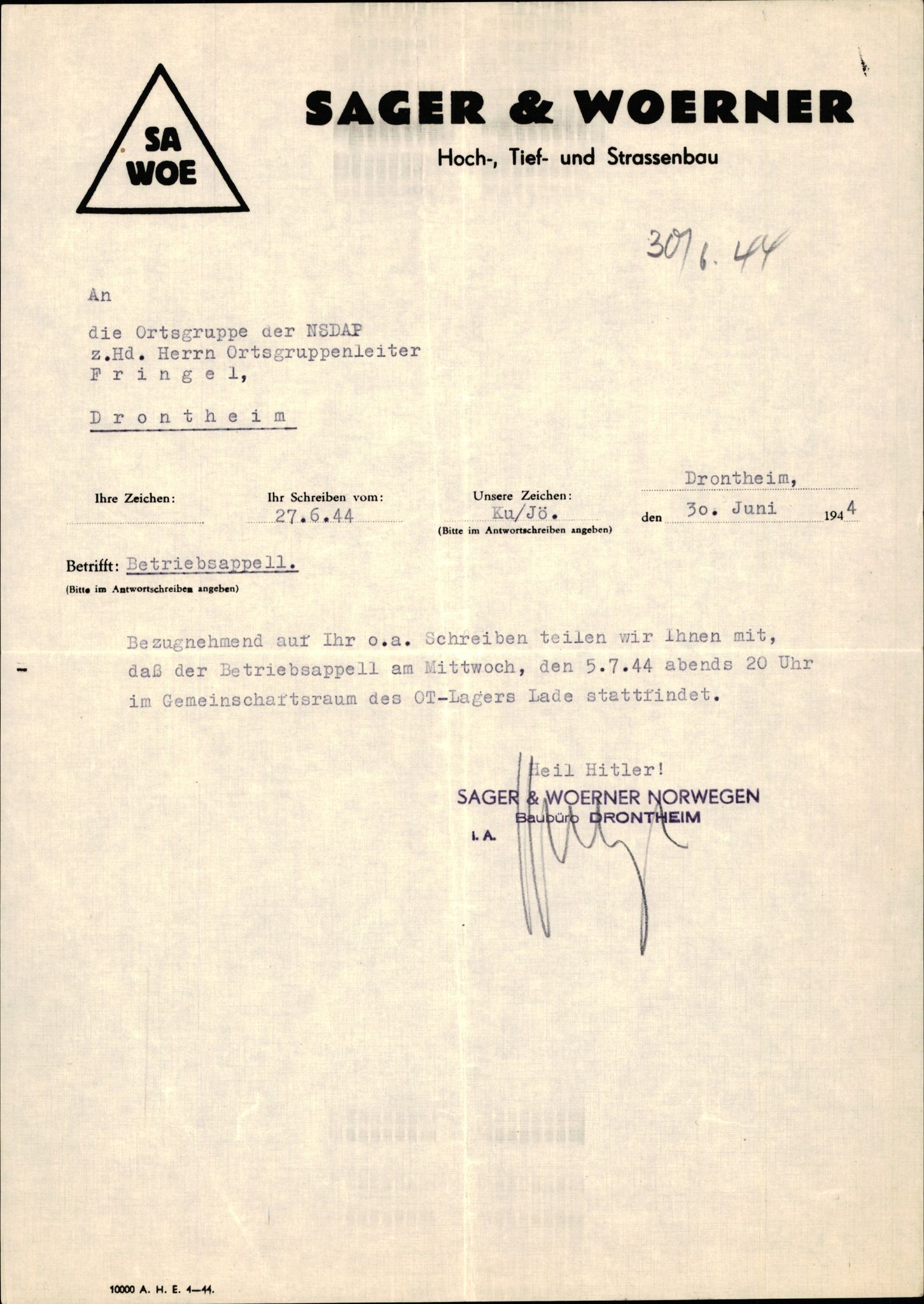 Forsvarets Overkommando. 2 kontor. Arkiv 11.4. Spredte tyske arkivsaker, AV/RA-RAFA-7031/D/Dar/Darb/L0015: Reichskommissariat - NSDAP in Norwegen, 1938-1945, p. 287
