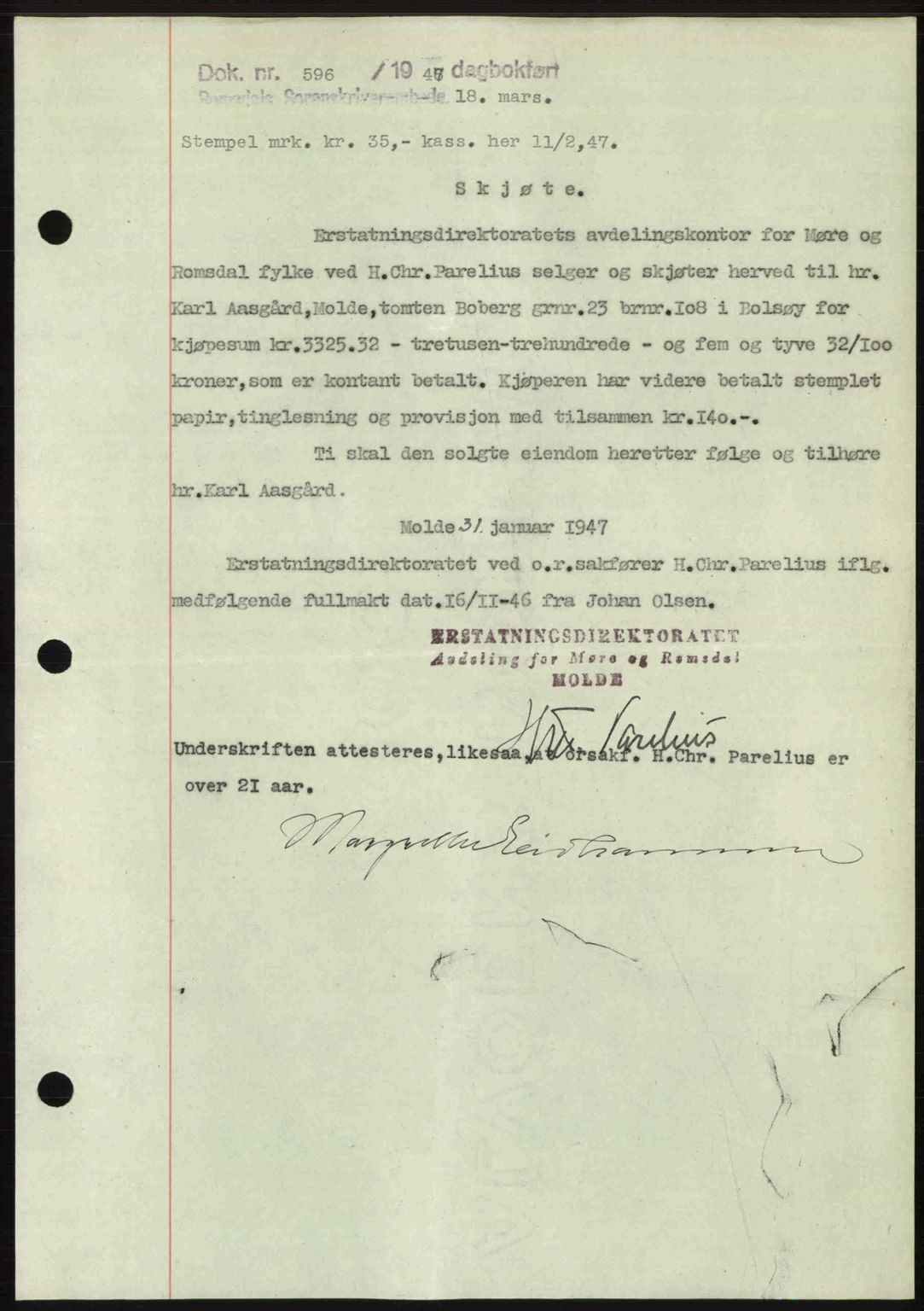 Romsdal sorenskriveri, AV/SAT-A-4149/1/2/2C: Mortgage book no. A22, 1947-1947, Diary no: : 596/1947