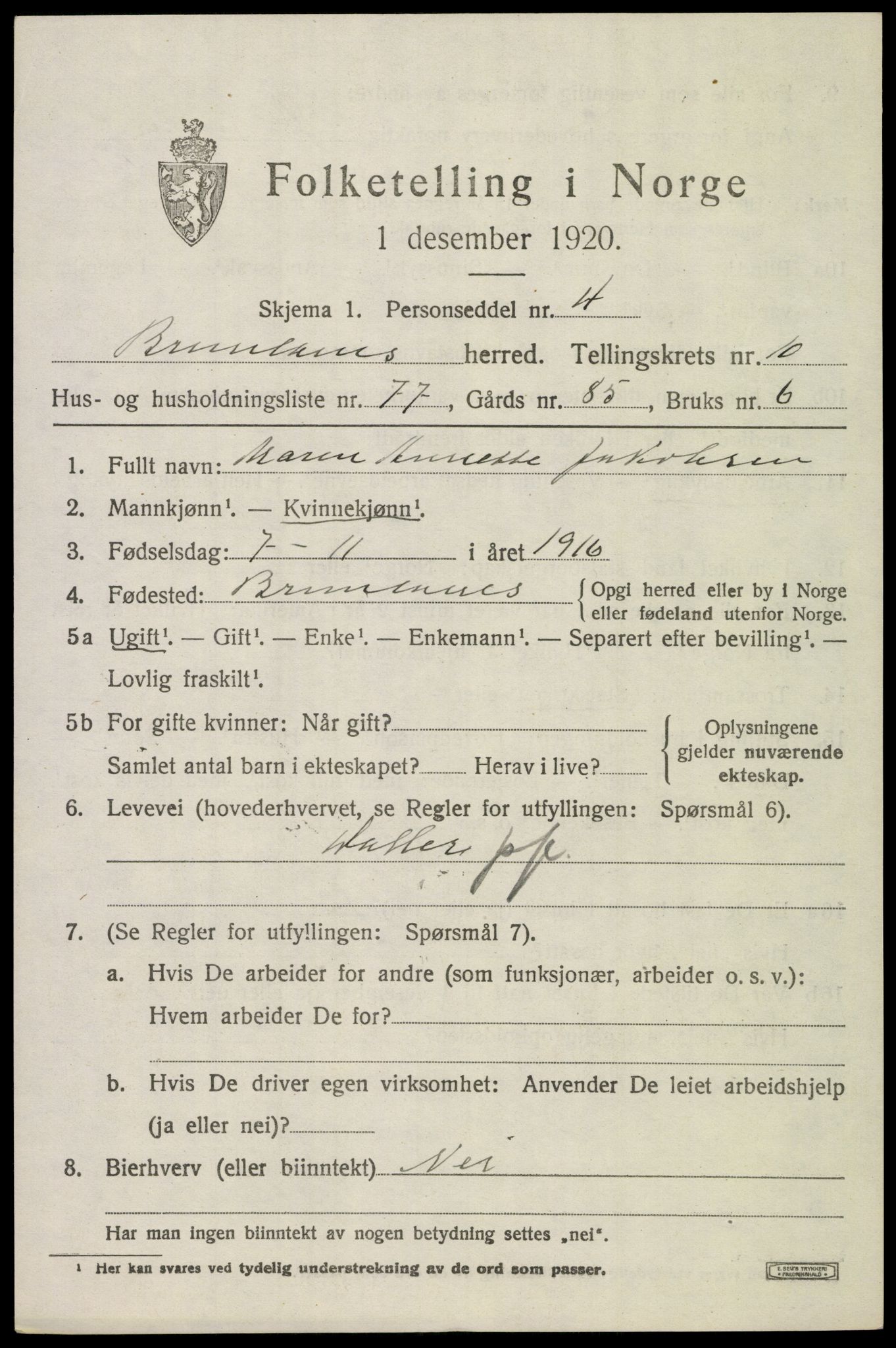 SAKO, 1920 census for Brunlanes, 1920, p. 9247