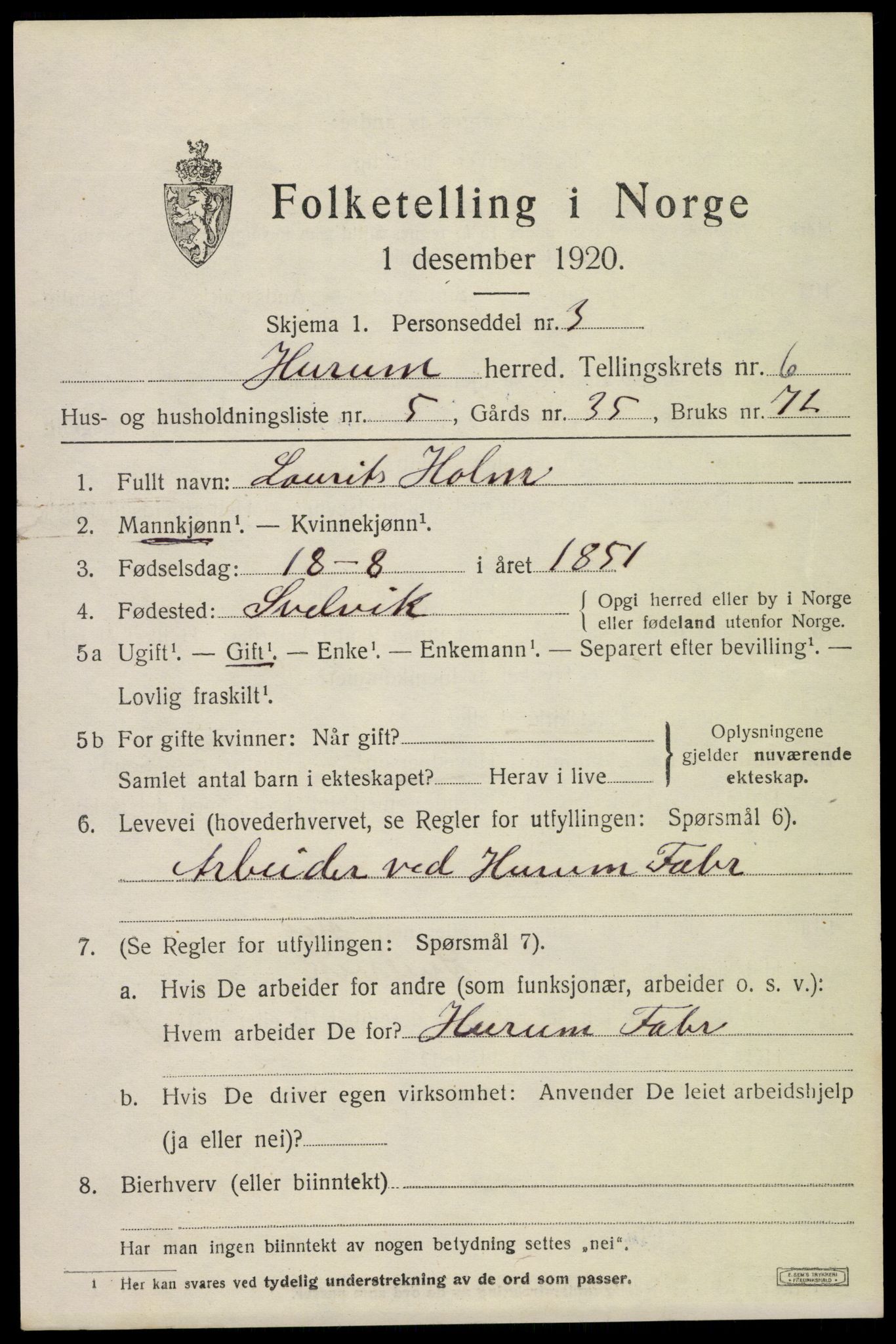 SAKO, 1920 census for Hurum, 1920, p. 7132