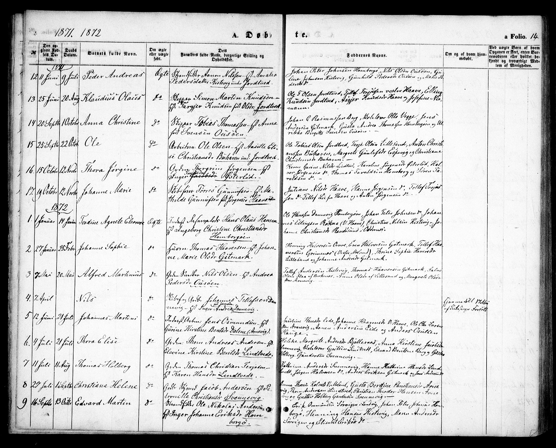 Hommedal sokneprestkontor, SAK/1111-0023/F/Fa/Faa/L0002: Parish register (official) no. A 2, 1861-1884, p. 14