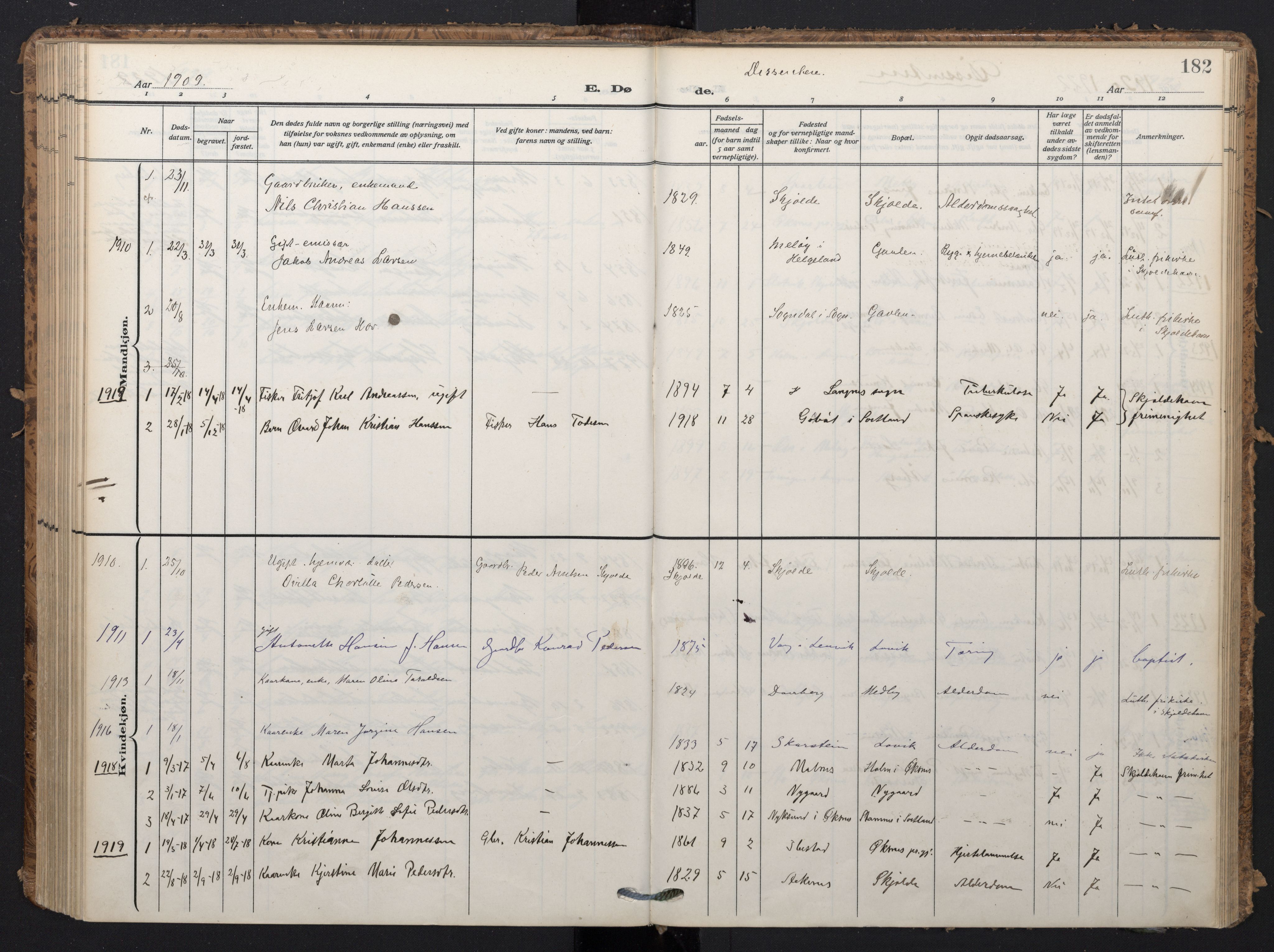 Ministerialprotokoller, klokkerbøker og fødselsregistre - Nordland, SAT/A-1459/898/L1423: Parish register (official) no. 898A03, 1909-1928, p. 182