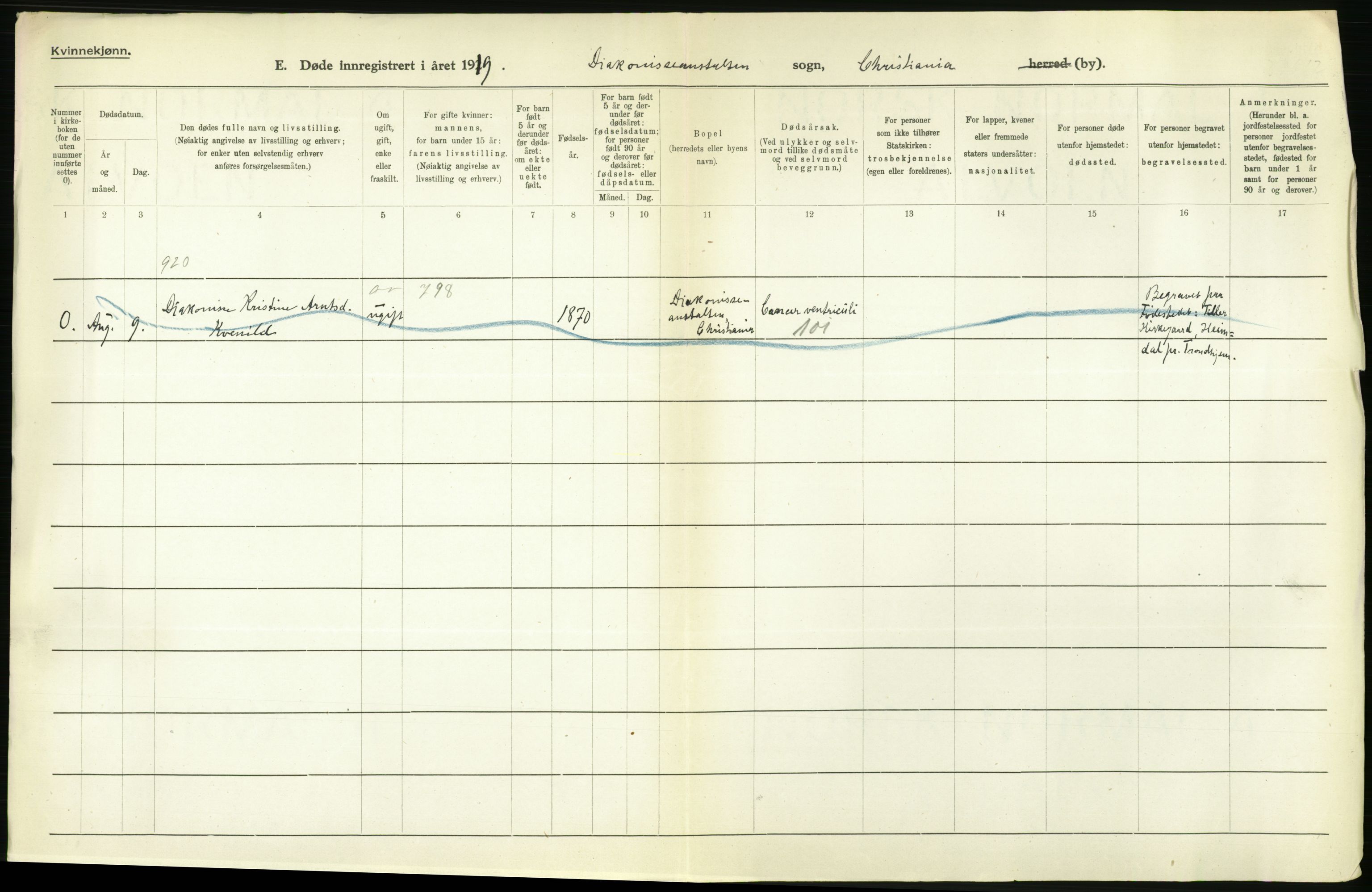 Statistisk sentralbyrå, Sosiodemografiske emner, Befolkning, AV/RA-S-2228/D/Df/Dfb/Dfbi/L0010: Kristiania: Døde, 1919, p. 544