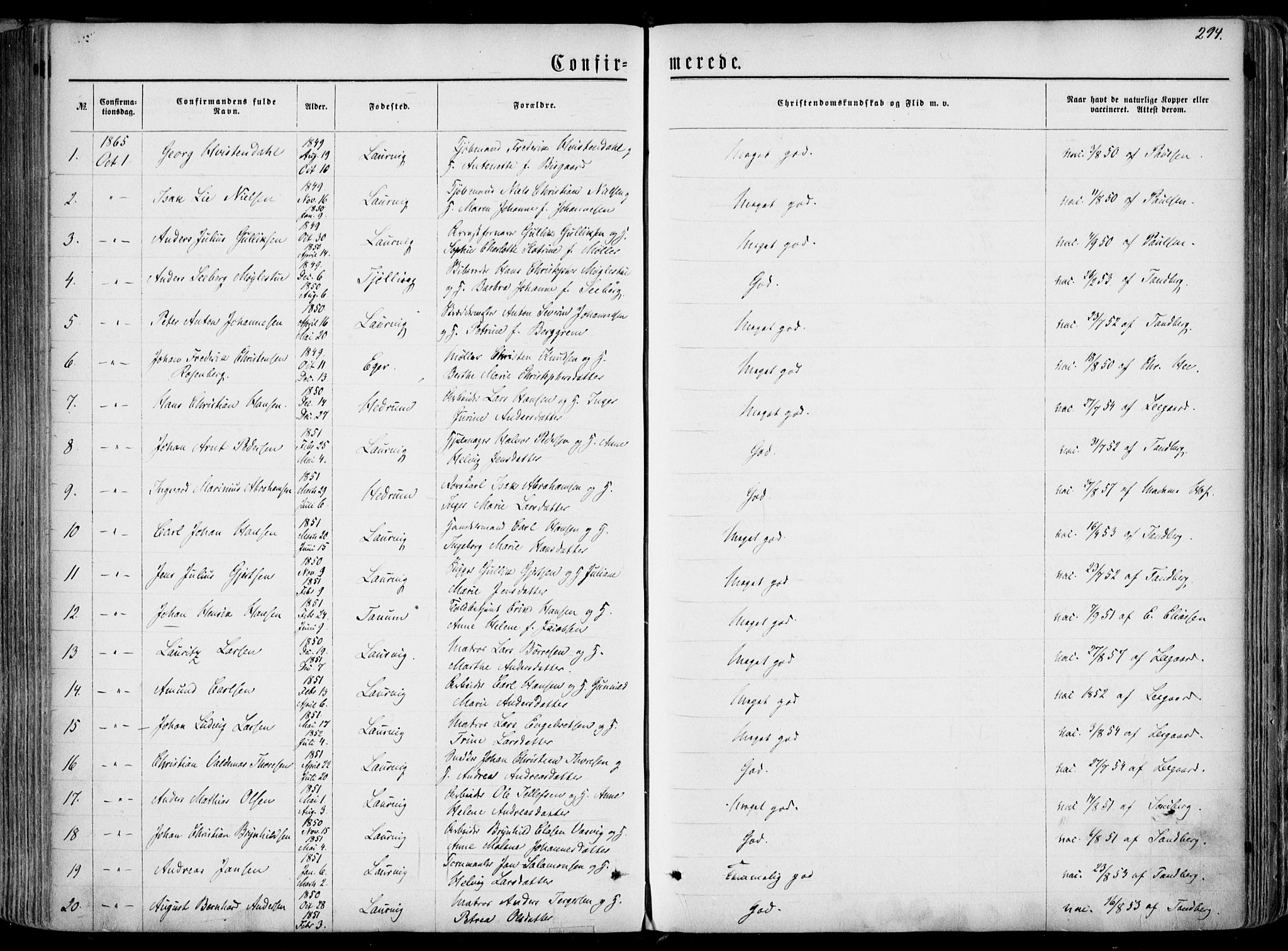 Larvik kirkebøker, AV/SAKO-A-352/F/Fa/L0004: Parish register (official) no. I 4, 1856-1870, p. 294