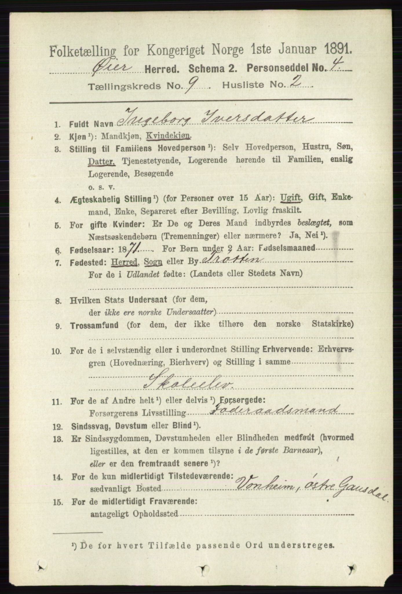 RA, 1891 census for 0521 Øyer, 1891, p. 3170