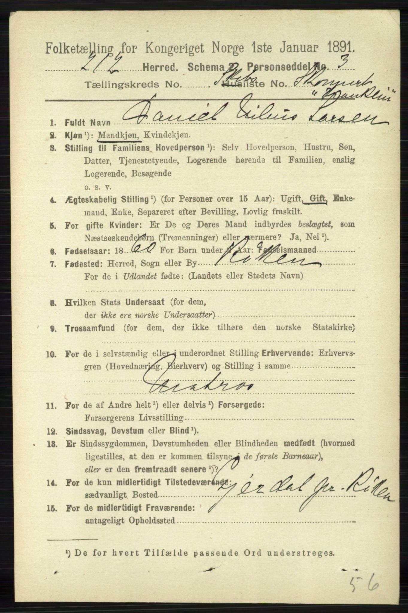 RA, 1891 census for 1116 Eigersund herred, 1891, p. 3426