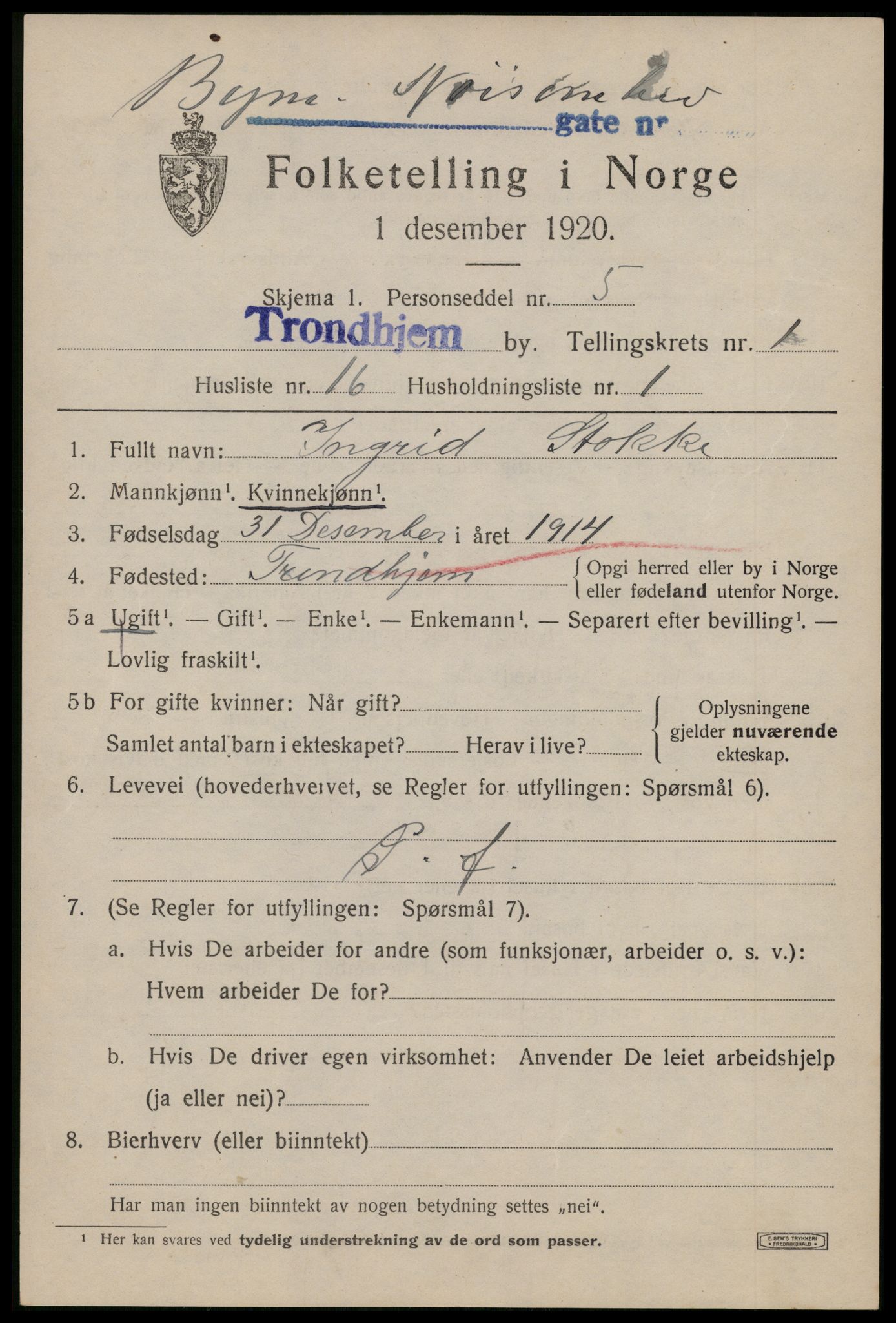 SAT, 1920 census for Trondheim, 1920, p. 32916