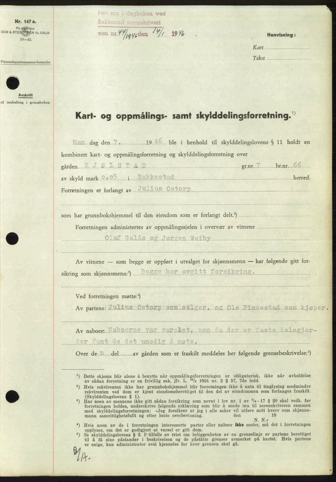 Rakkestad sorenskriveri, AV/SAO-A-10686/G/Gb/Gba/Gbab/L0012a: Mortgage book no. A12 I, 1945-1946, Diary no: : 44/1946