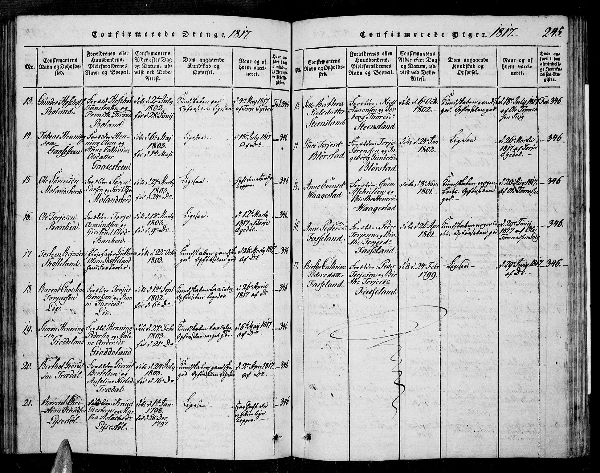 Sør-Audnedal sokneprestkontor, AV/SAK-1111-0039/F/Fa/Fab/L0005: Parish register (official) no. A 5, 1816-1830, p. 245