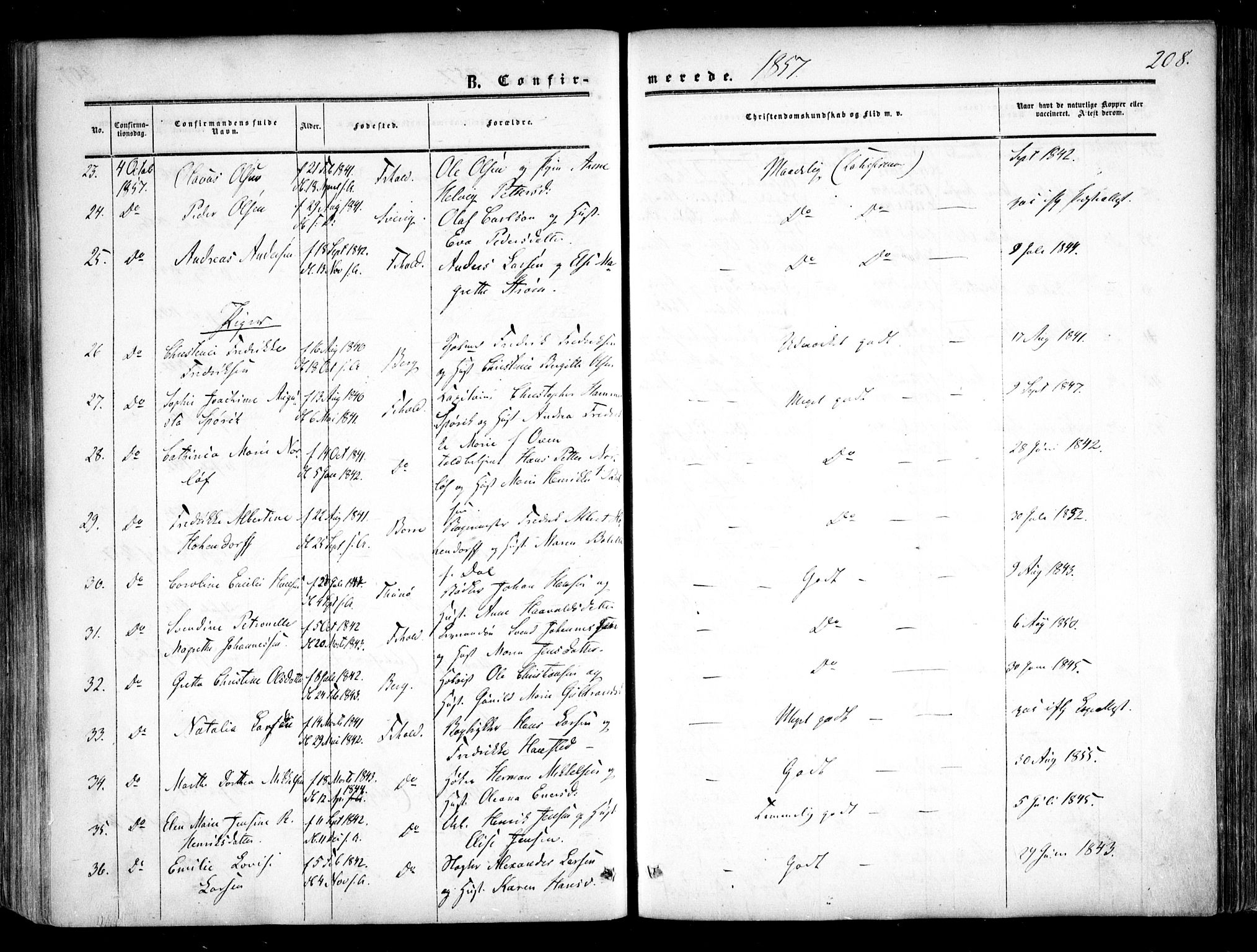 Halden prestekontor Kirkebøker, AV/SAO-A-10909/F/Fa/L0007: Parish register (official) no. I 7, 1857-1865, p. 208