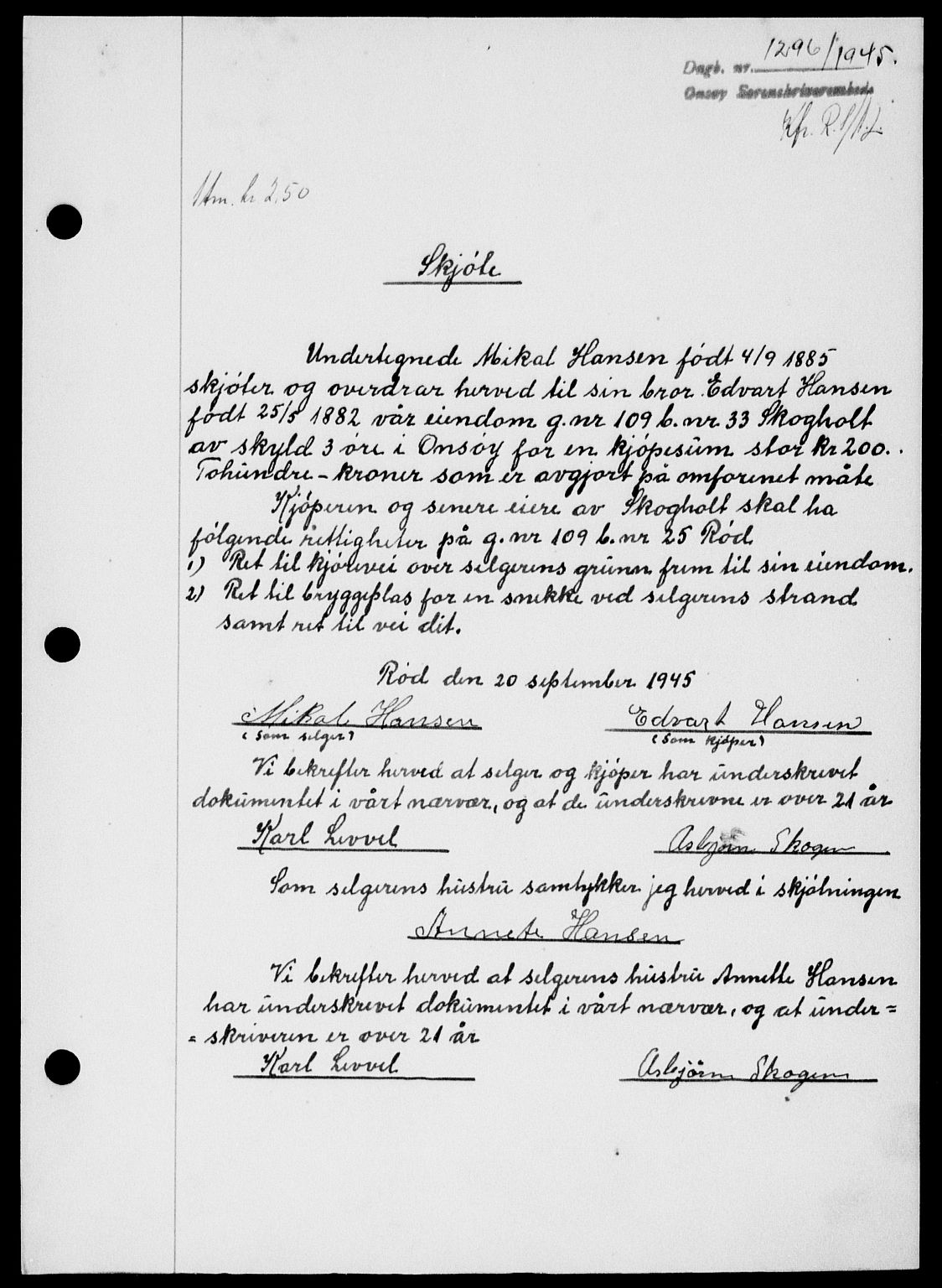 Onsøy sorenskriveri, SAO/A-10474/G/Ga/Gab/L0015: Mortgage book no. II A-15, 1945-1946, Diary no: : 1296/1945
