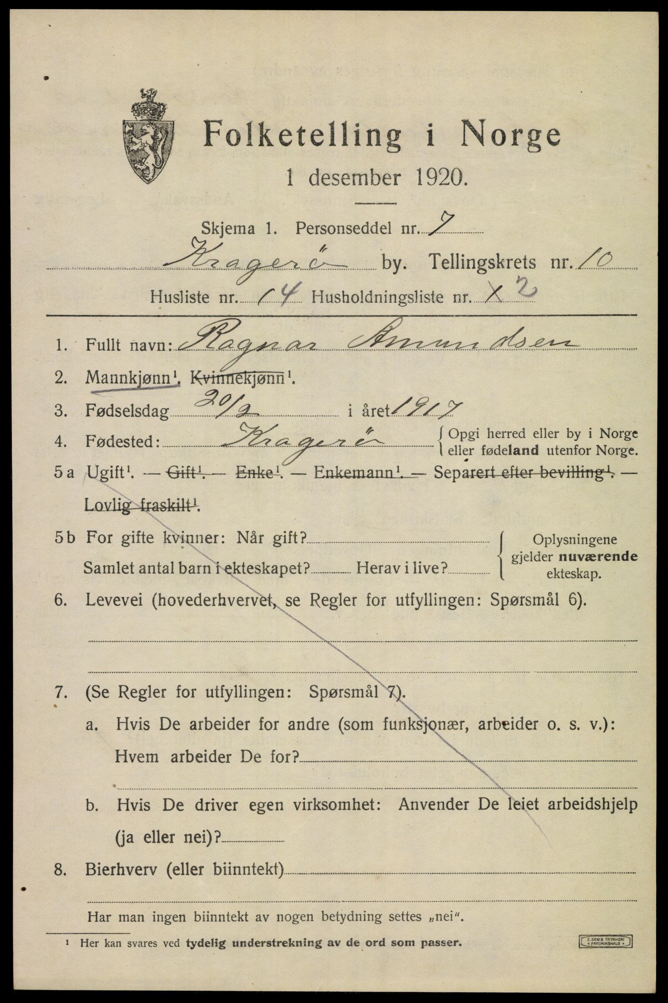 SAKO, 1920 census for Kragerø, 1920, p. 13159