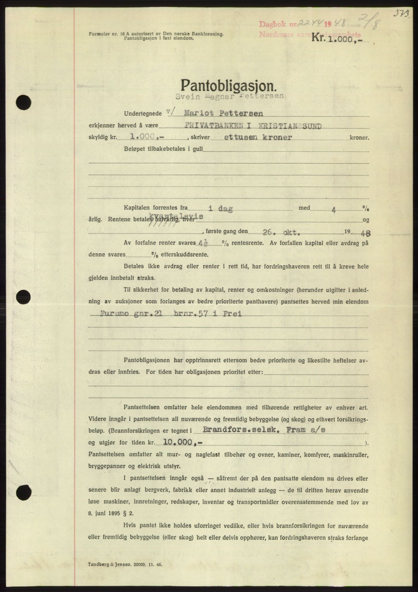 Nordmøre sorenskriveri, AV/SAT-A-4132/1/2/2Ca: Mortgage book no. B99, 1948-1948, Diary no: : 2244/1948