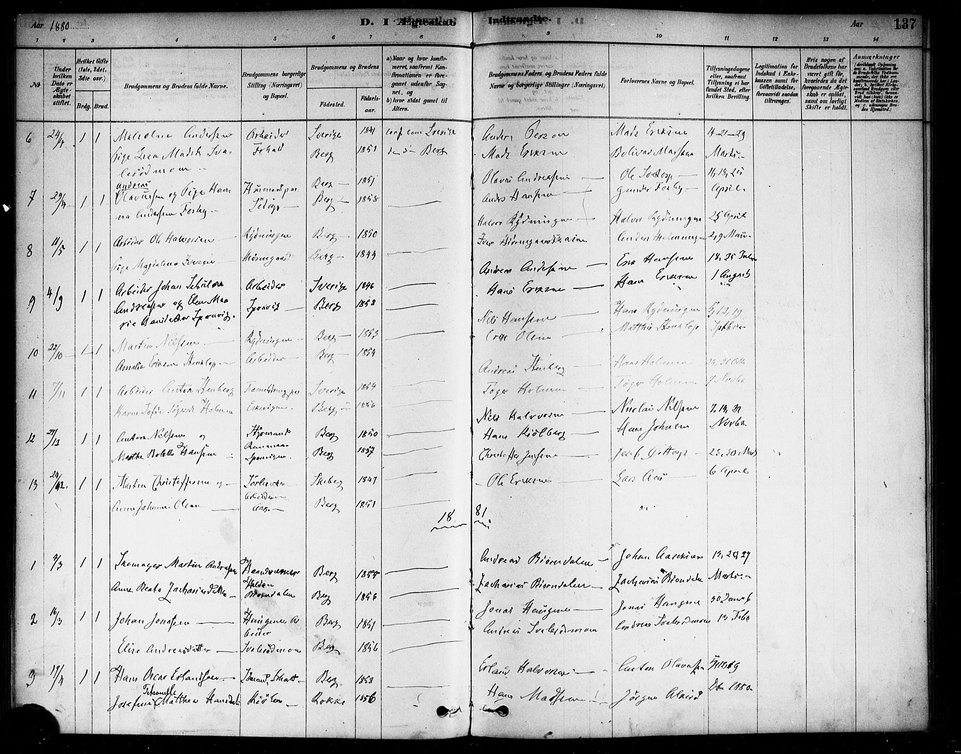 Berg prestekontor Kirkebøker, AV/SAO-A-10902/F/Fa/L0006: Parish register (official) no. I 6, 1878-1887, p. 137