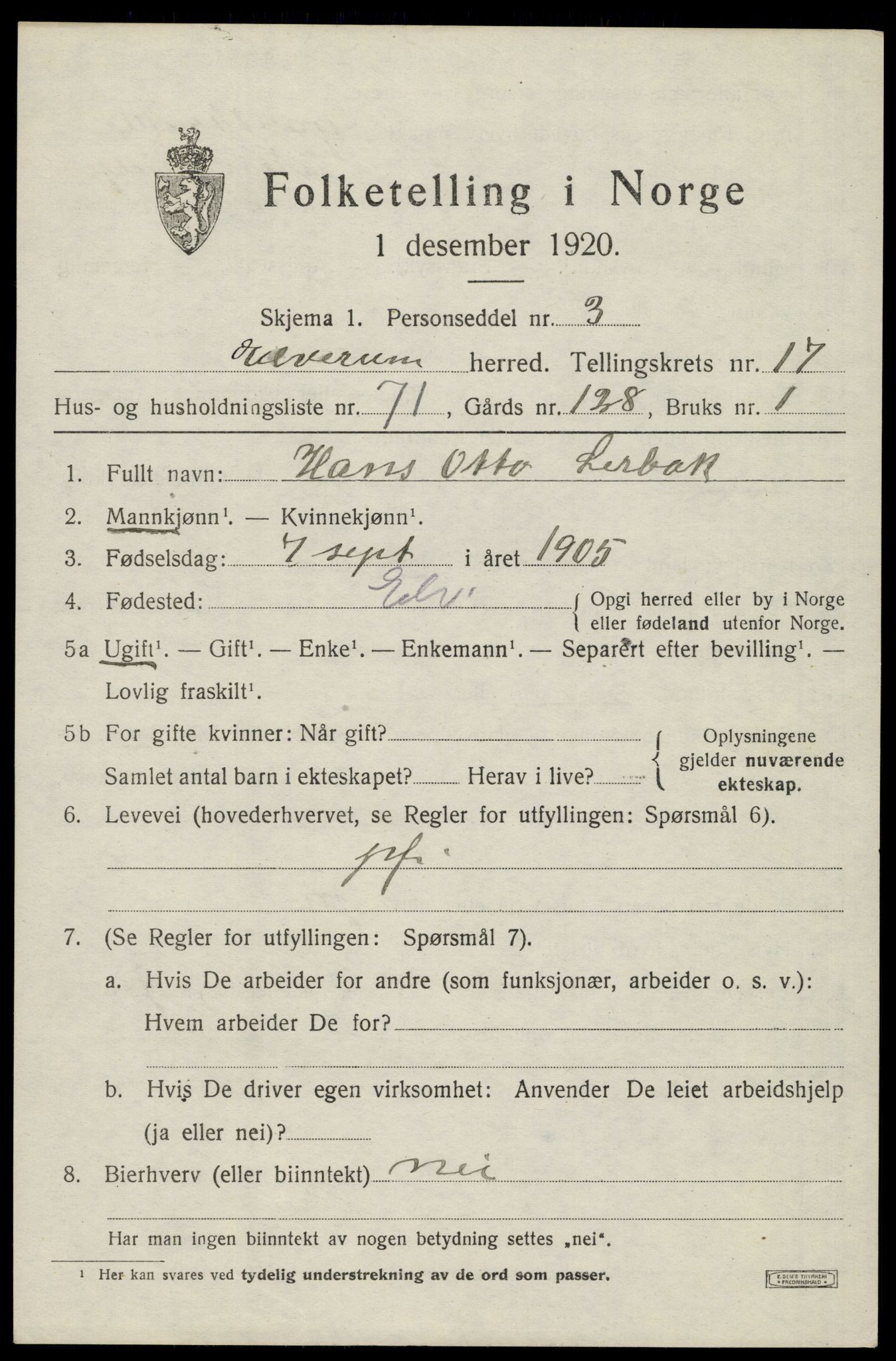 SAH, 1920 census for Elverum, 1920, p. 22080