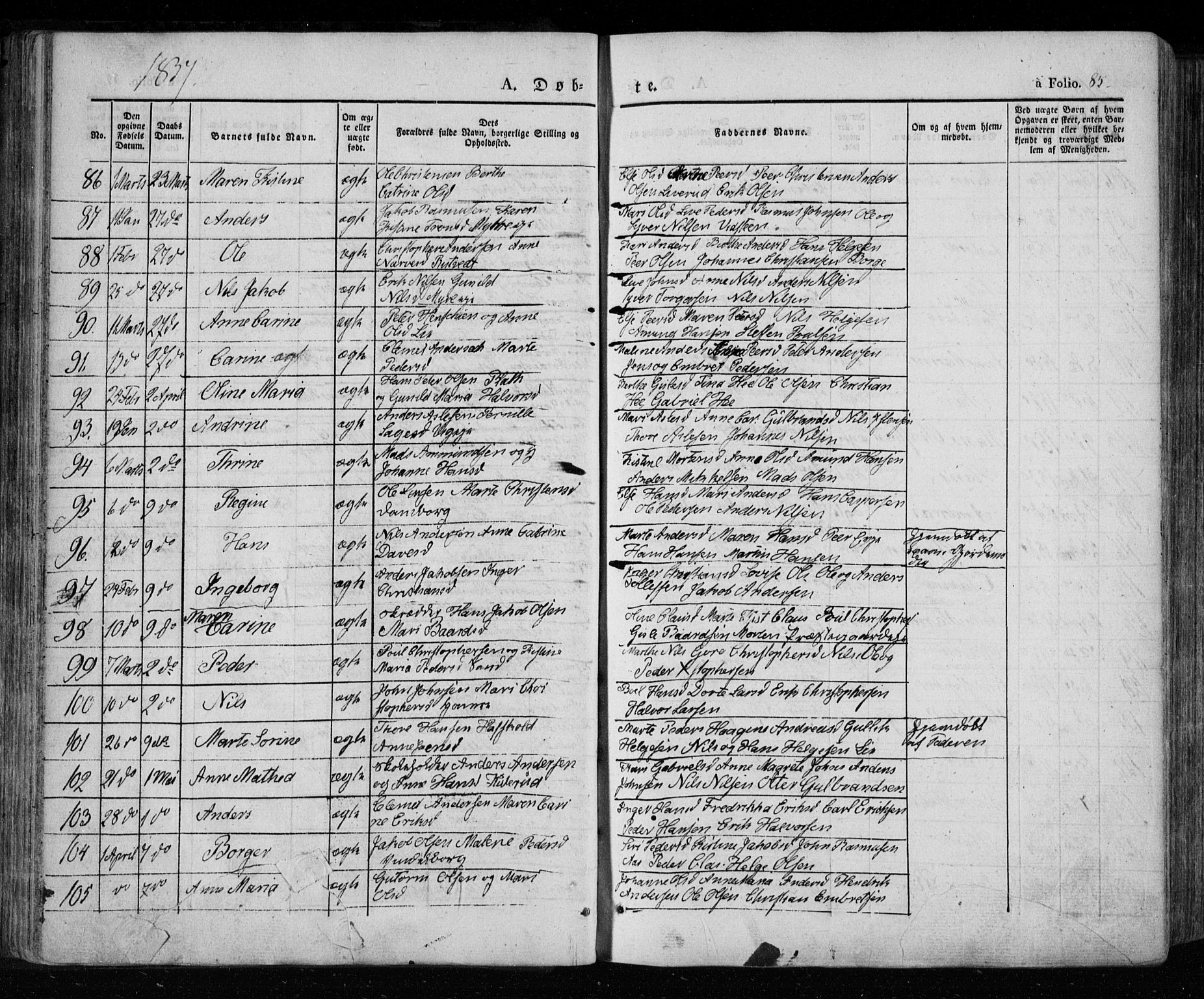 Eiker kirkebøker, SAKO/A-4/F/Fa/L0013a: Parish register (official) no. I 13A, 1832-1845, p. 85