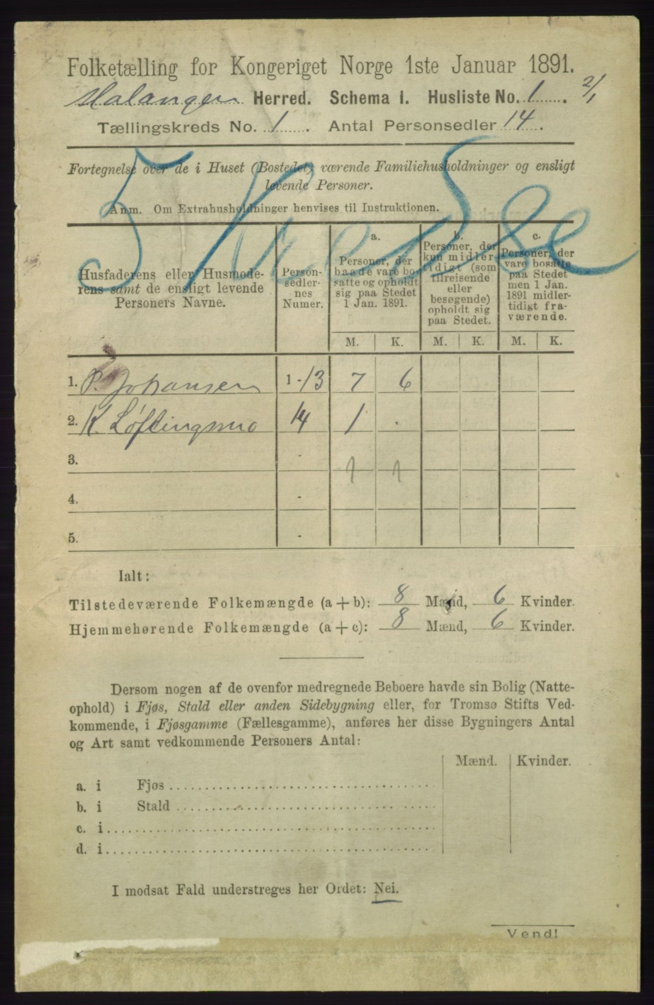 RA, 1891 census for 1932 Malangen, 1891, p. 16
