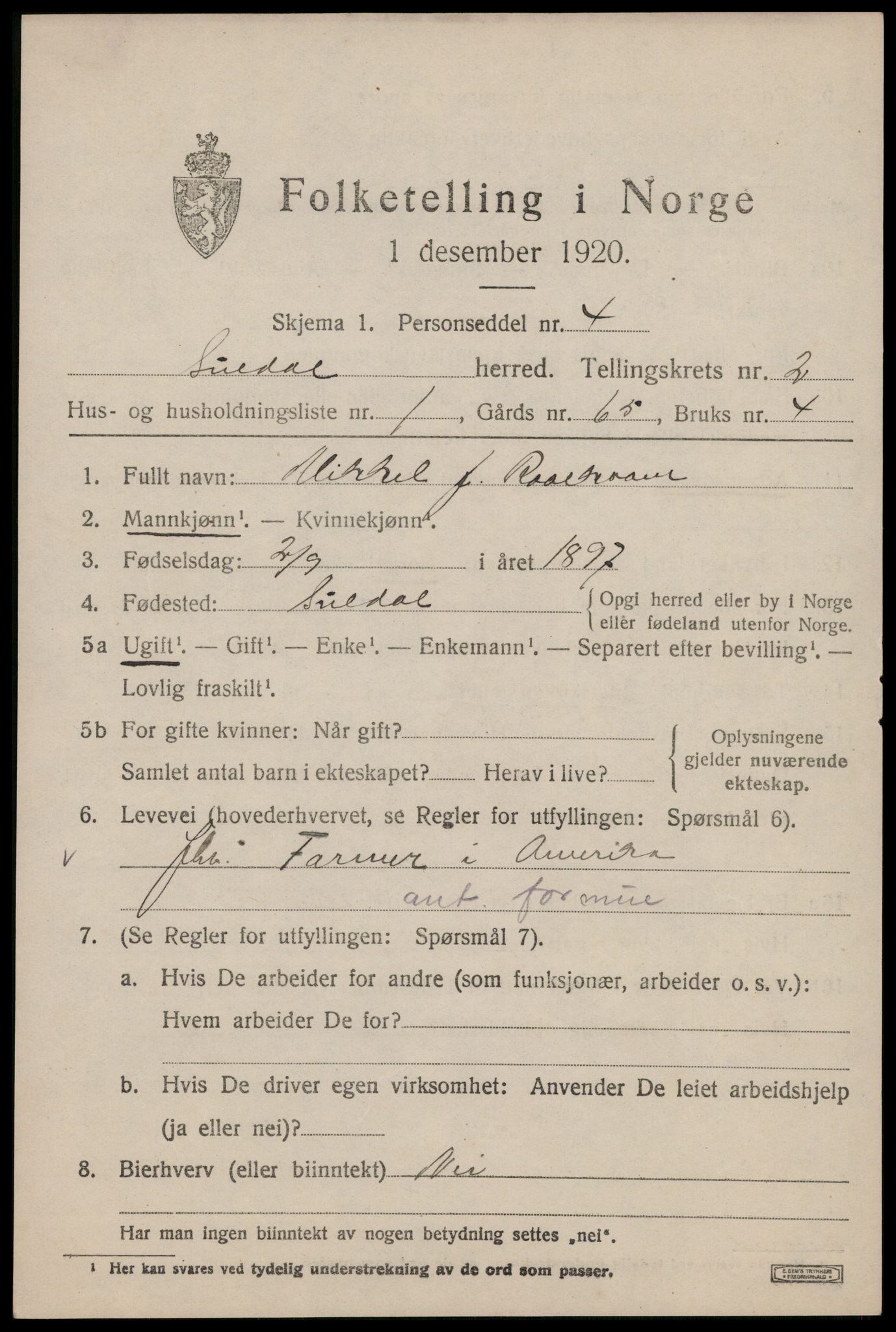 SAST, 1920 census for Suldal, 1920, p. 820