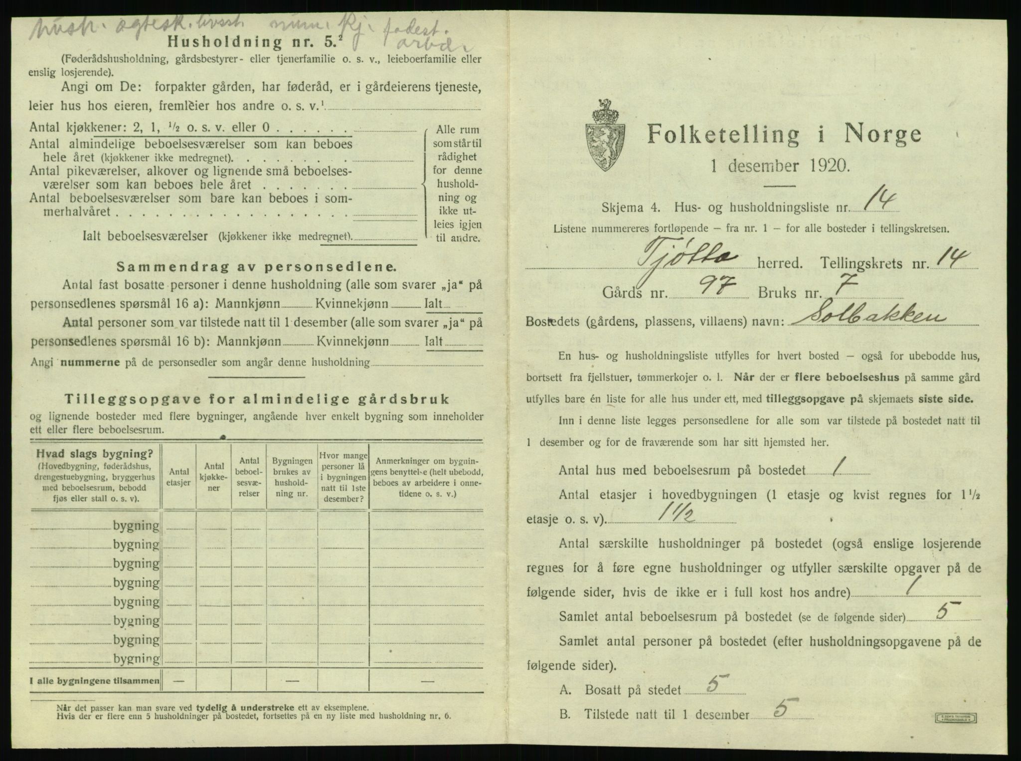 SAT, 1920 census for Tjøtta, 1920, p. 827