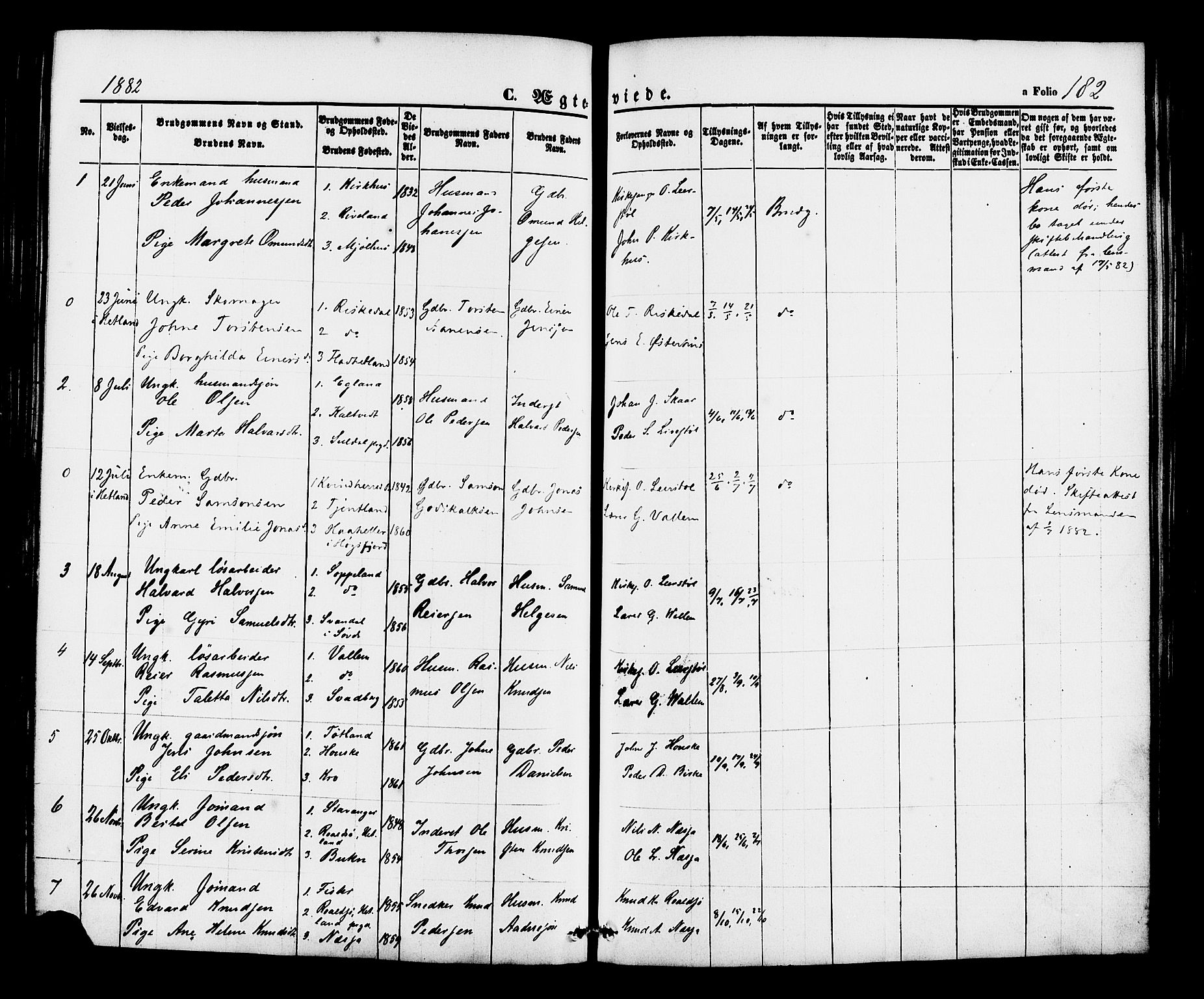 Hjelmeland sokneprestkontor, AV/SAST-A-101843/01/IV/L0012: Parish register (official) no. A 12, 1862-1886, p. 182