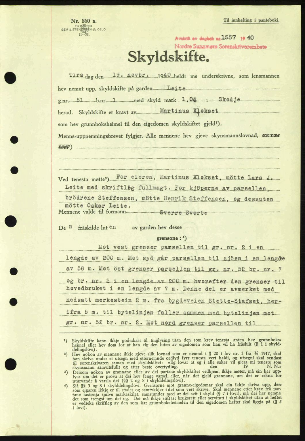 Nordre Sunnmøre sorenskriveri, AV/SAT-A-0006/1/2/2C/2Ca: Mortgage book no. A10, 1940-1941, Diary no: : 1557/1940