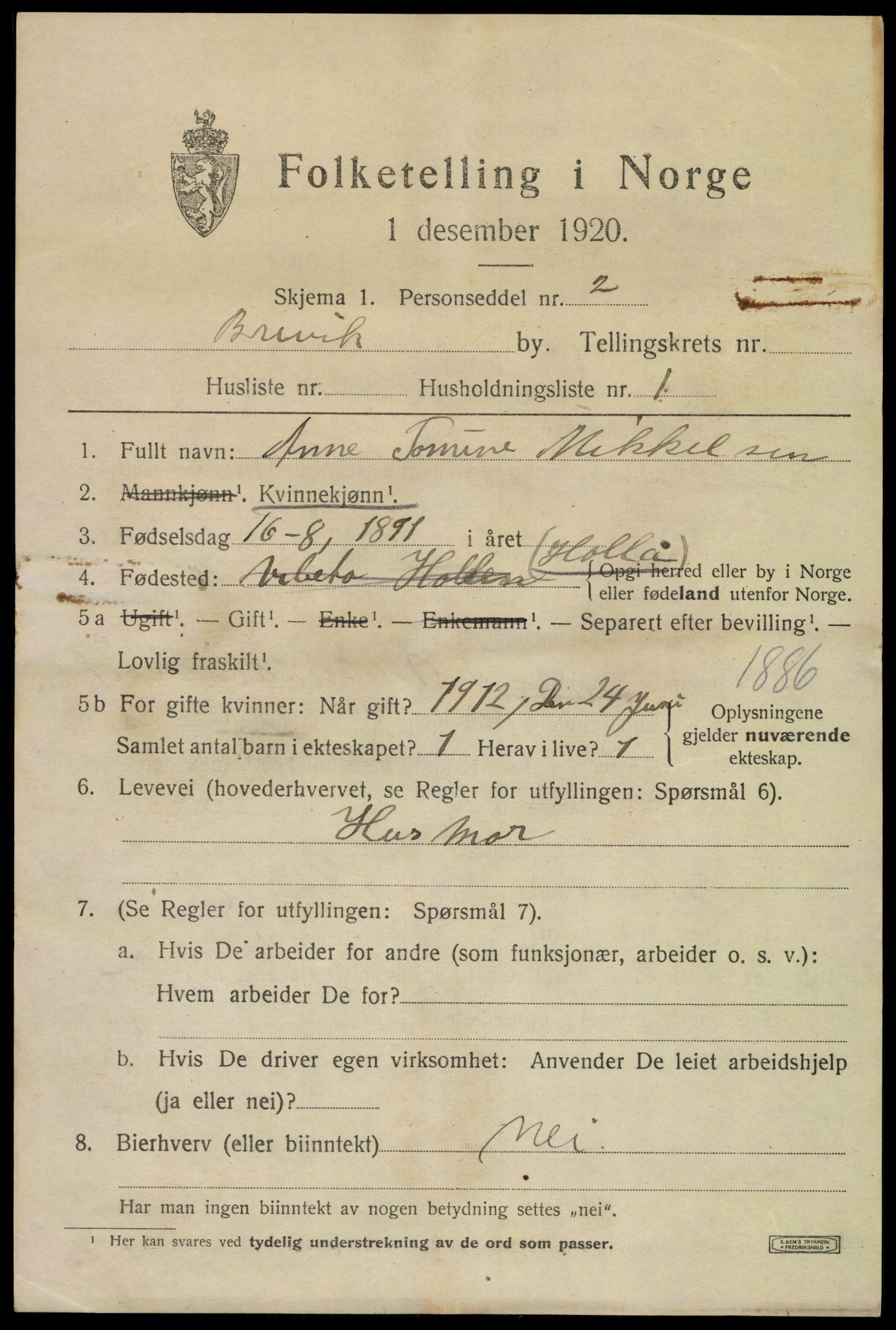 SAKO, 1920 census for Brevik, 1920, p. 2190