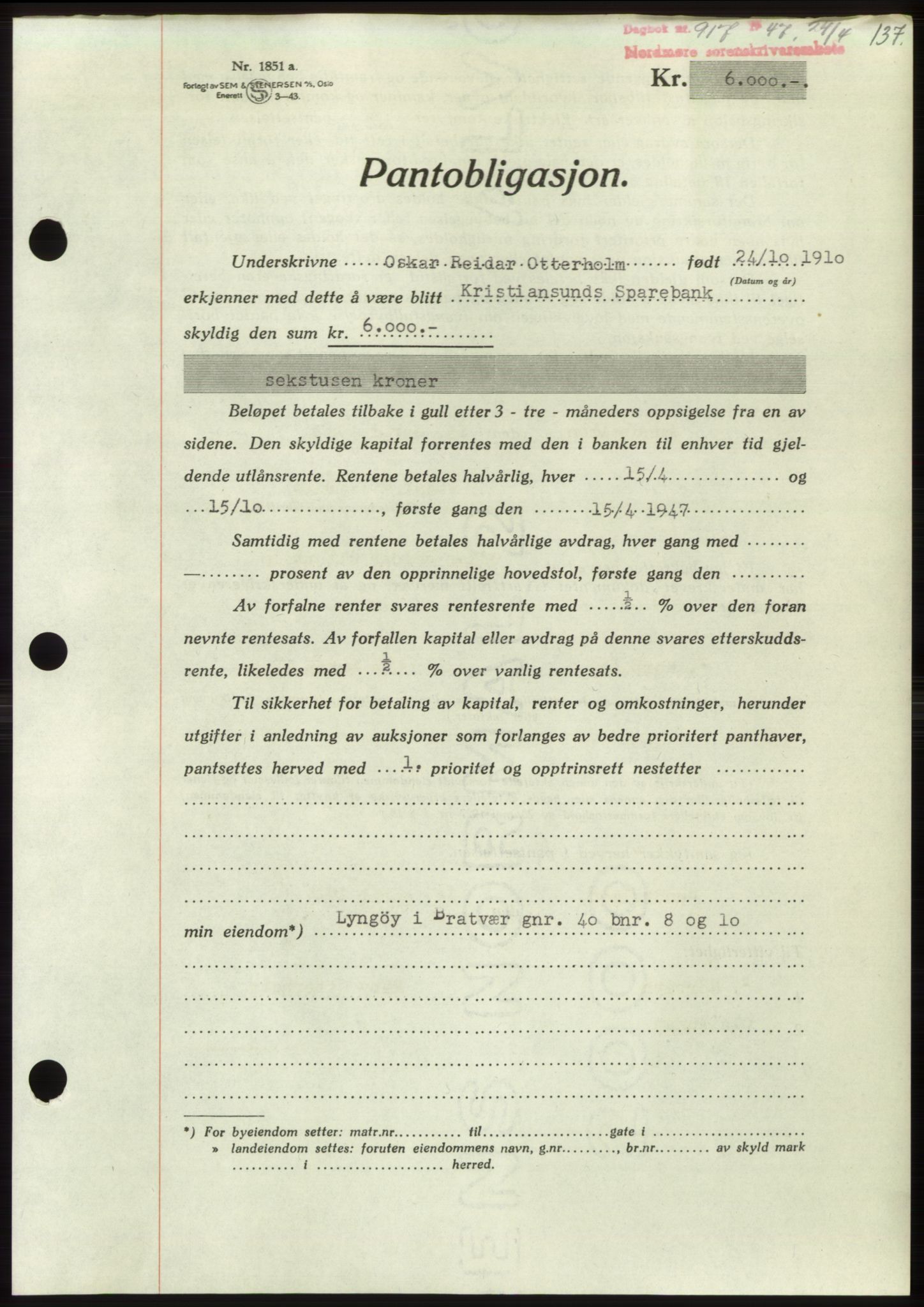 Nordmøre sorenskriveri, AV/SAT-A-4132/1/2/2Ca: Mortgage book no. B96, 1947-1947, Diary no: : 917/1947