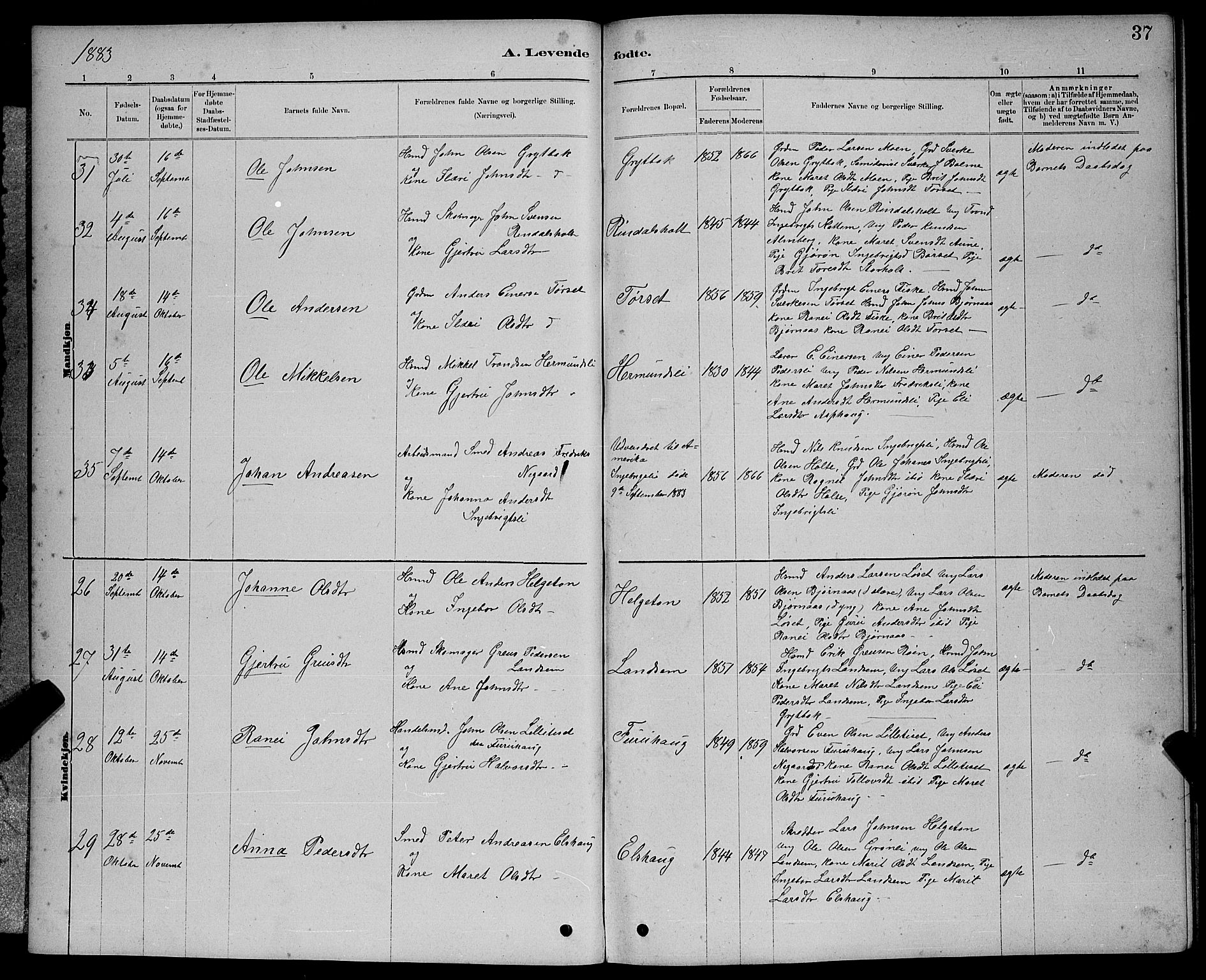 Ministerialprotokoller, klokkerbøker og fødselsregistre - Møre og Romsdal, AV/SAT-A-1454/598/L1077: Parish register (copy) no. 598C02, 1879-1891, p. 37