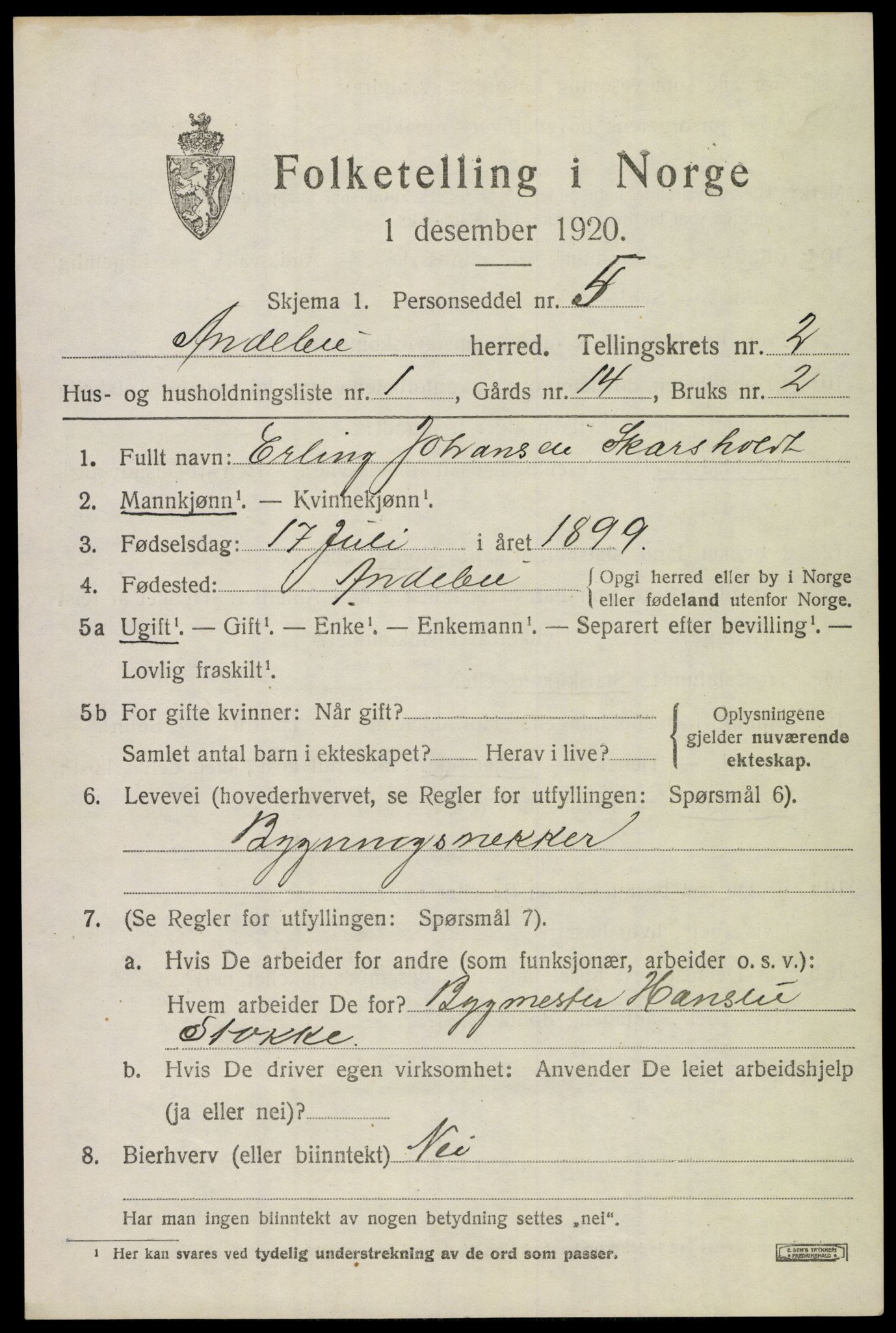 SAKO, 1920 census for Andebu, 1920, p. 1504