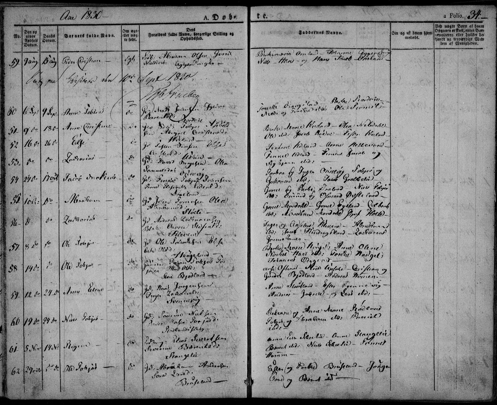 Lyngdal sokneprestkontor, AV/SAK-1111-0029/F/Fa/Fac/L0007: Parish register (official) no. A 7, 1825-1838, p. 34