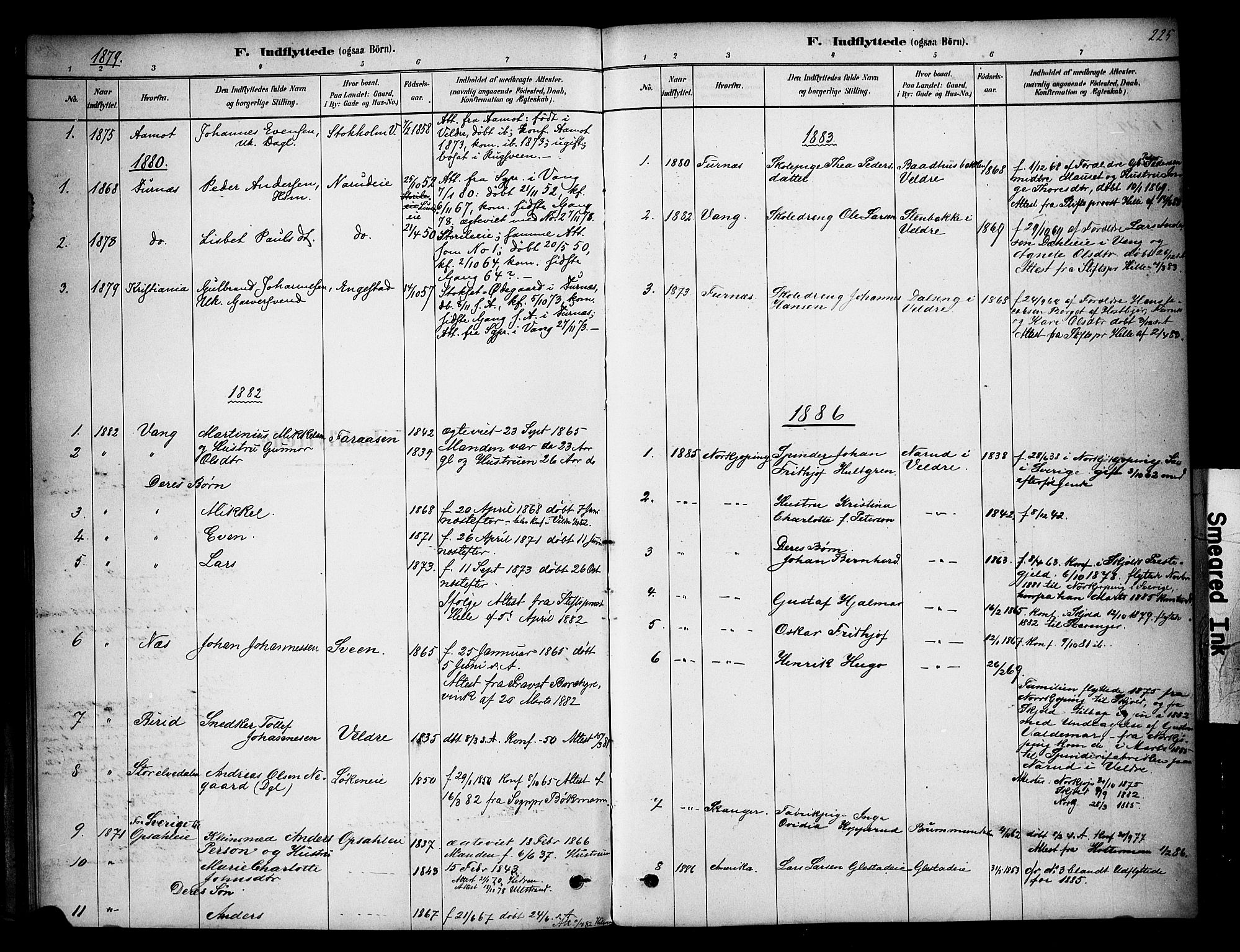 Ringsaker prestekontor, SAH/PREST-014/K/Ka/L0014: Parish register (official) no. 14, 1879-1890, p. 225