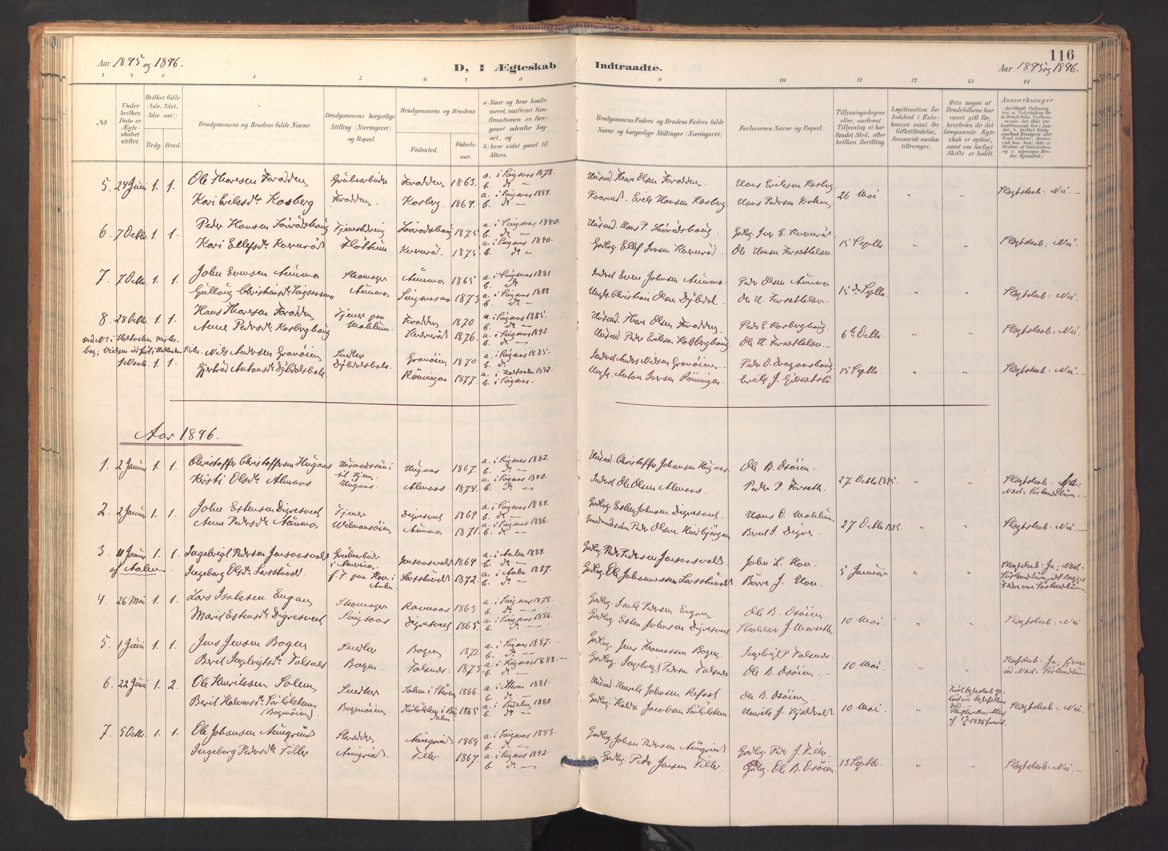 Ministerialprotokoller, klokkerbøker og fødselsregistre - Sør-Trøndelag, SAT/A-1456/688/L1025: Parish register (official) no. 688A02, 1891-1909, p. 116