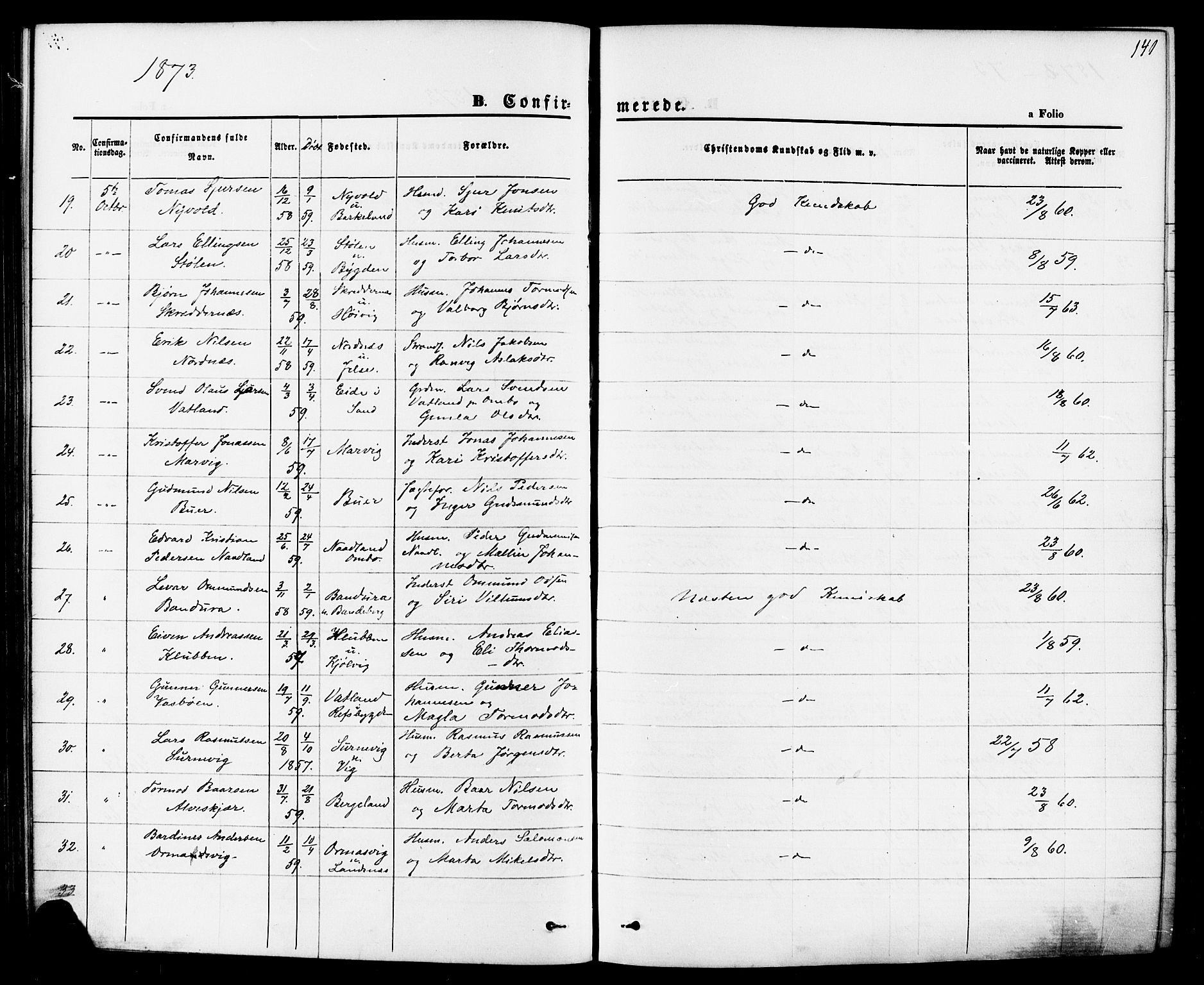 Jelsa sokneprestkontor, AV/SAST-A-101842/01/IV: Parish register (official) no. A 8, 1867-1883, p. 141