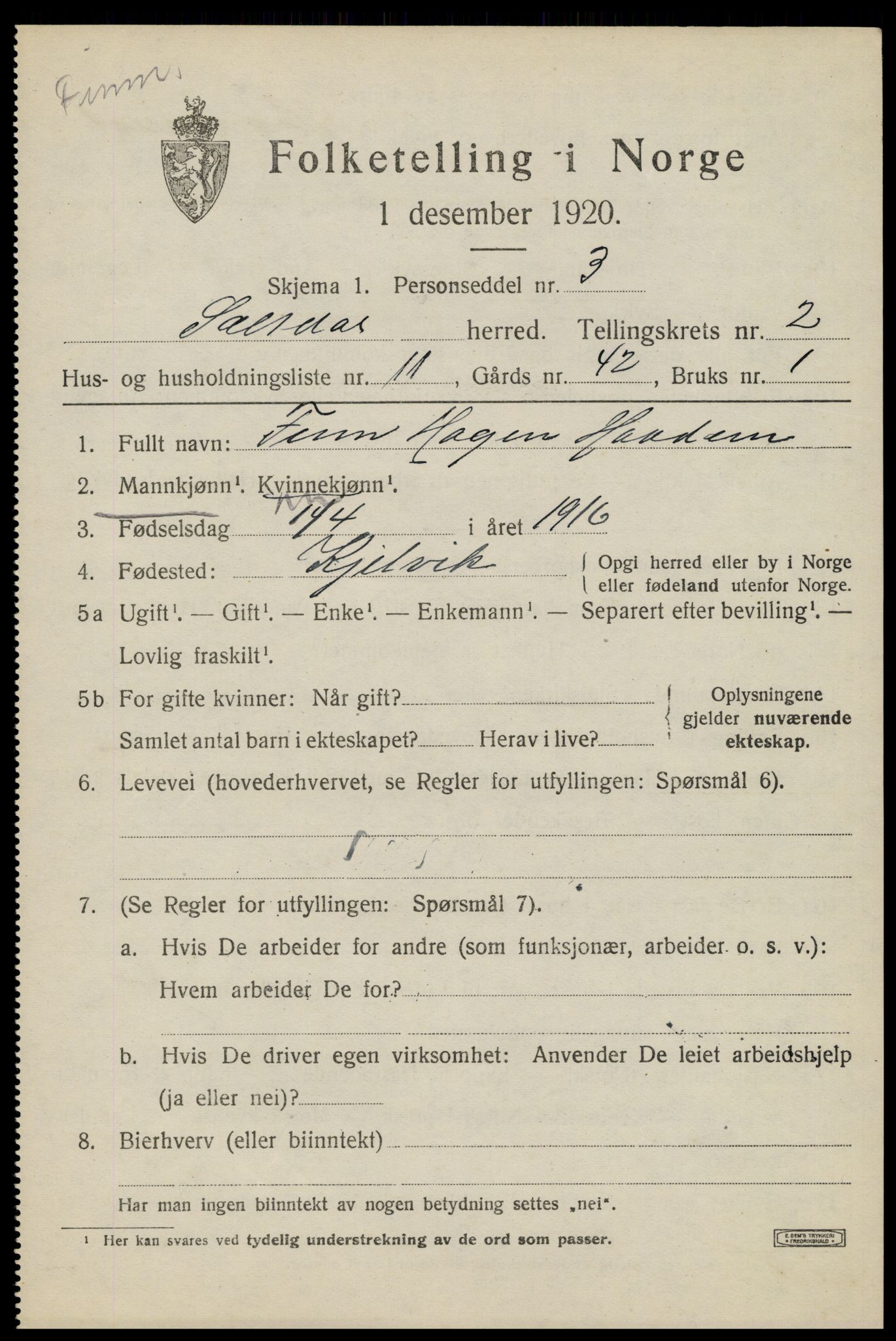 SAT, 1920 census for Saltdal, 1920, p. 3011