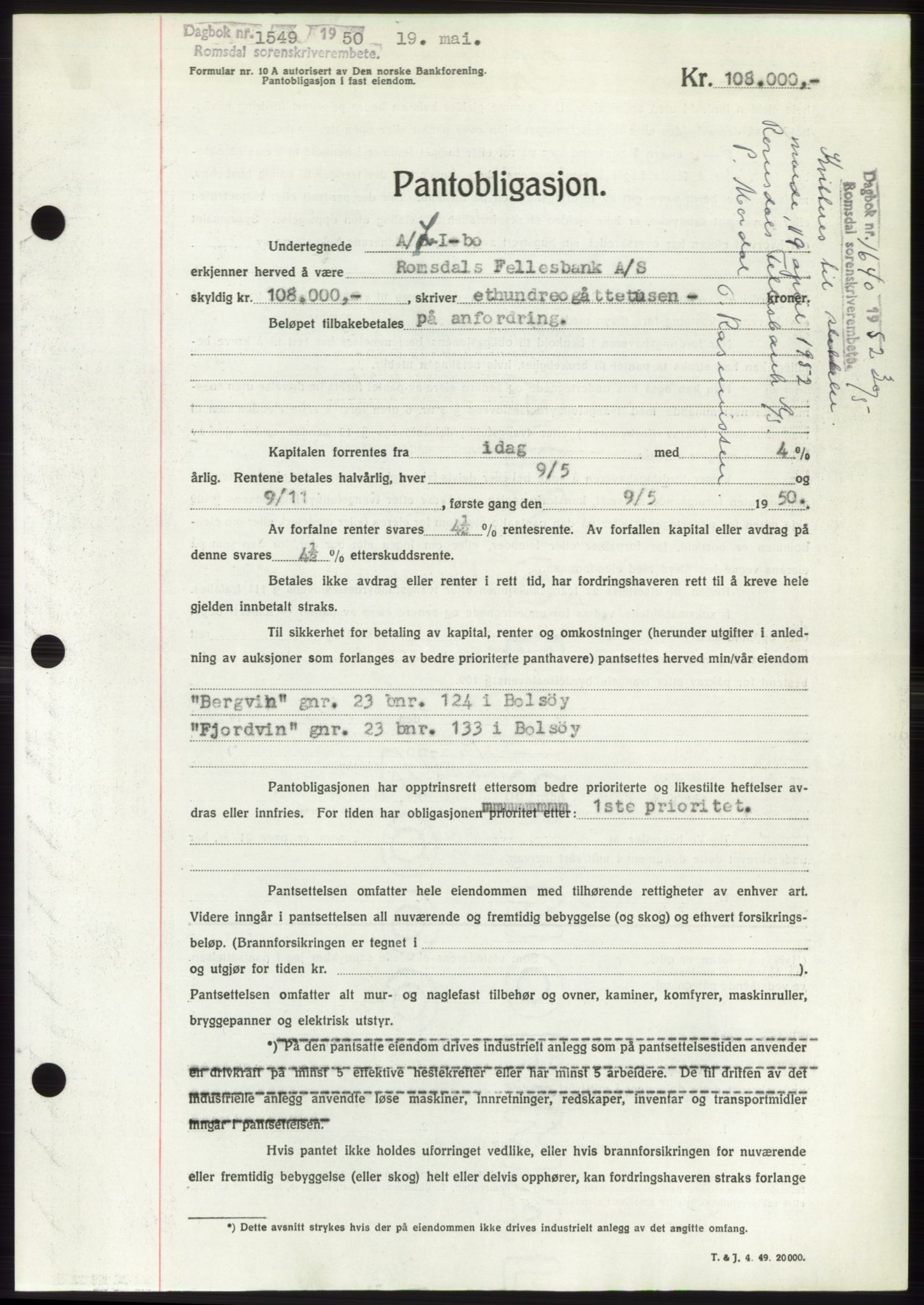 Romsdal sorenskriveri, AV/SAT-A-4149/1/2/2C: Mortgage book no. B5, 1949-1950, Diary no: : 1549/1950