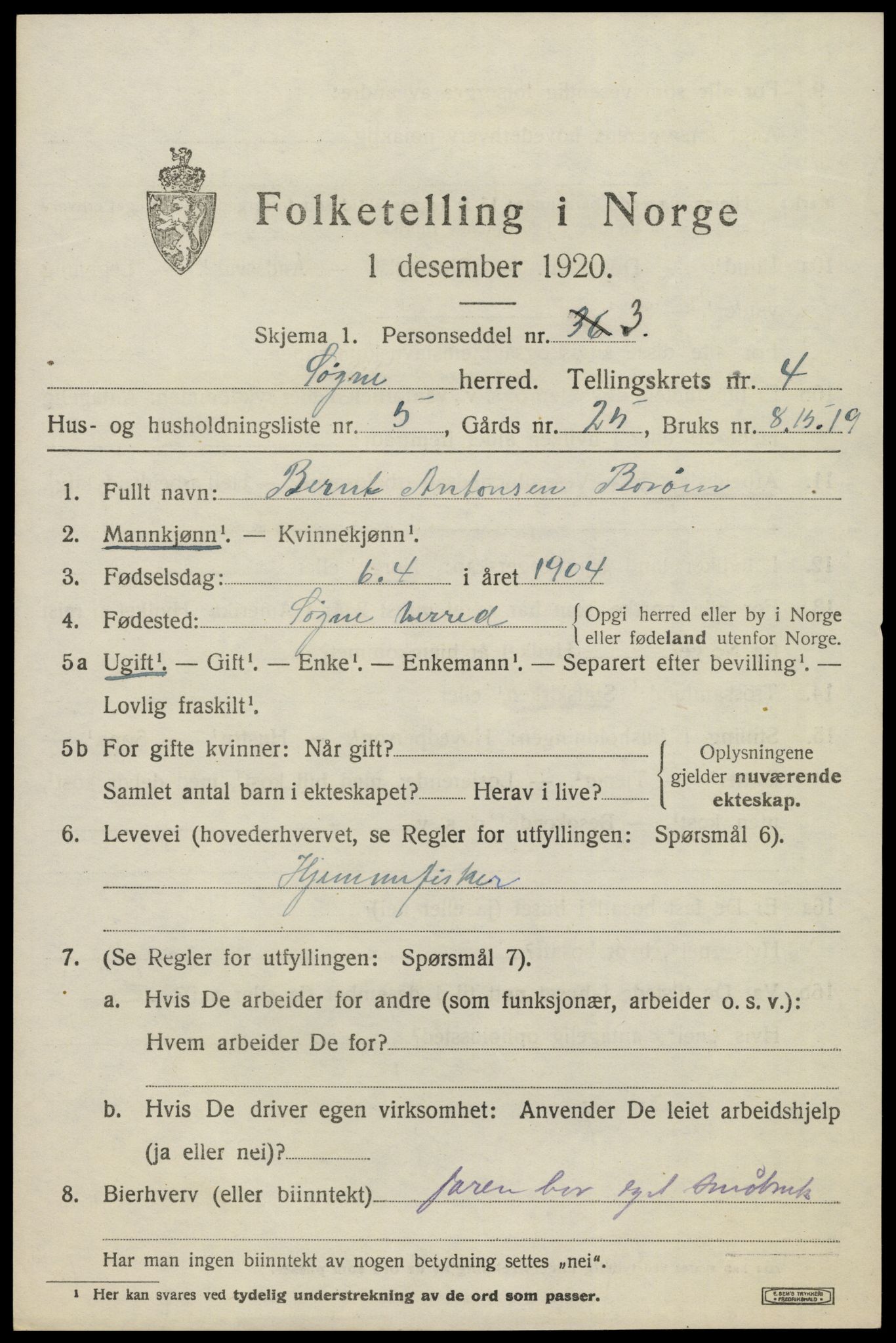 SAK, 1920 census for Søgne, 1920, p. 2063