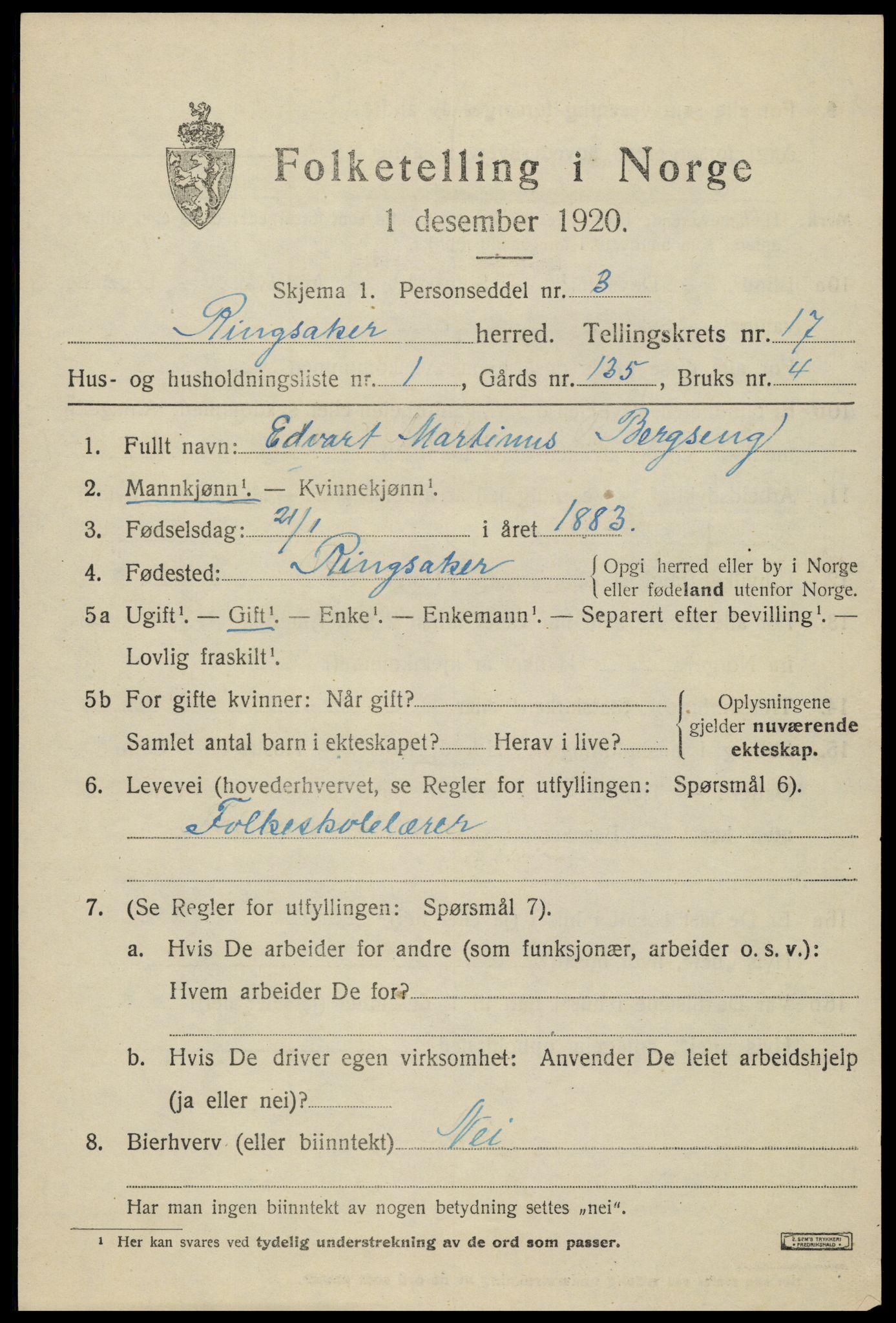 SAH, 1920 census for Ringsaker, 1920, p. 23658